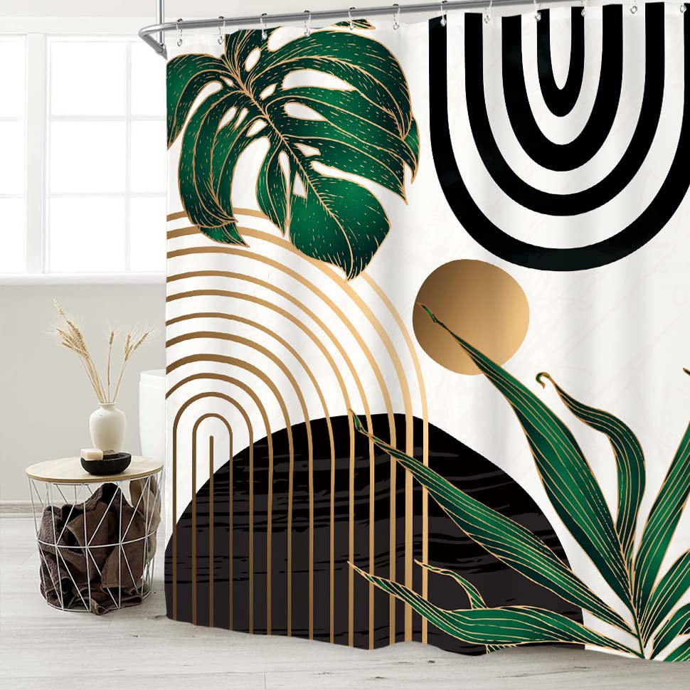 Miyotaa Abstract Emerald Green Shower Curtain Set 71Wx71H Inches Mid Century Modern Minimalist Tropical Leaves Geometric Contemp