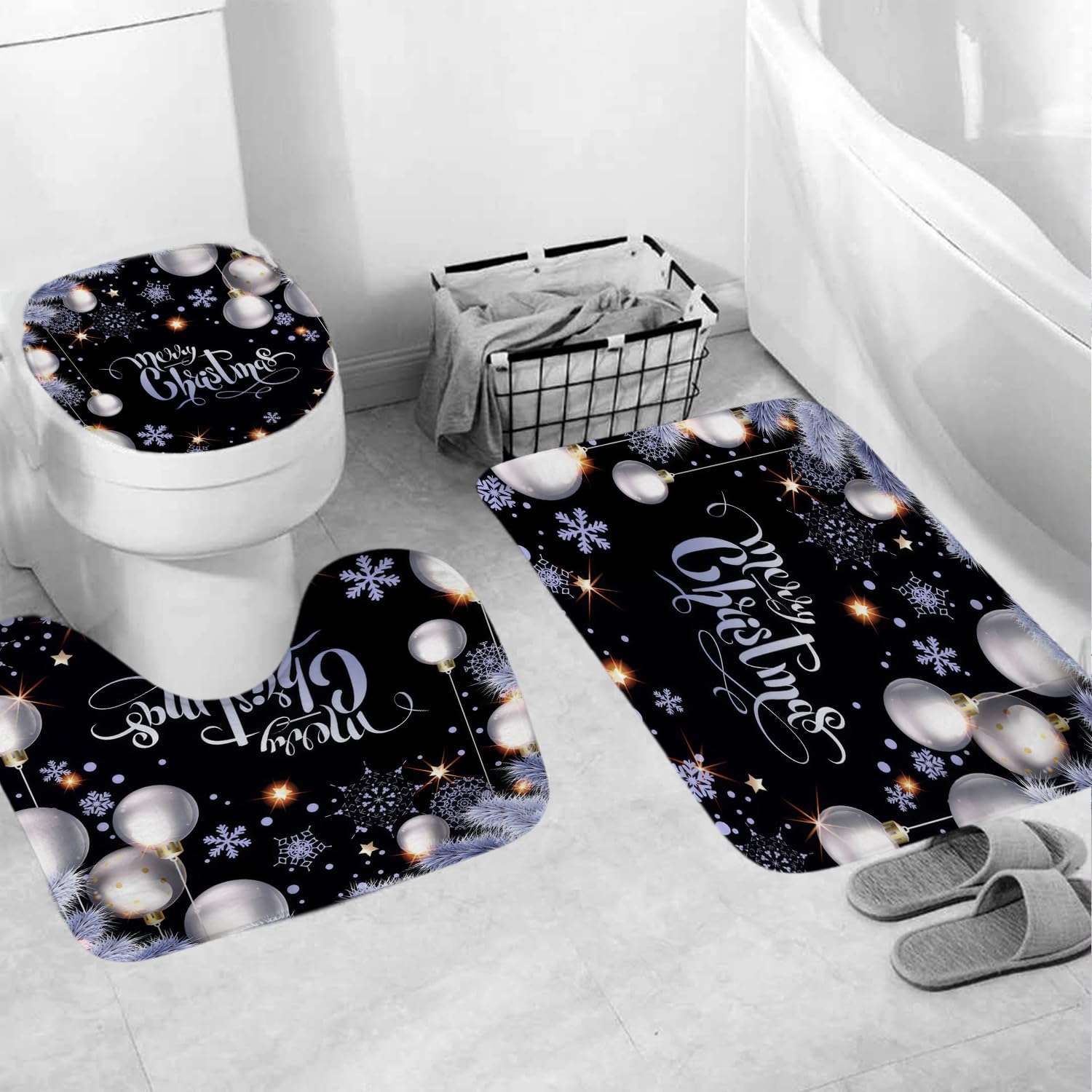 Griekowe 4 Pcs Xmas Ball Black Background Christmas Shower Curtain Set With Non-Slip Rugs, White Snowflake Winter Holiday Festiv