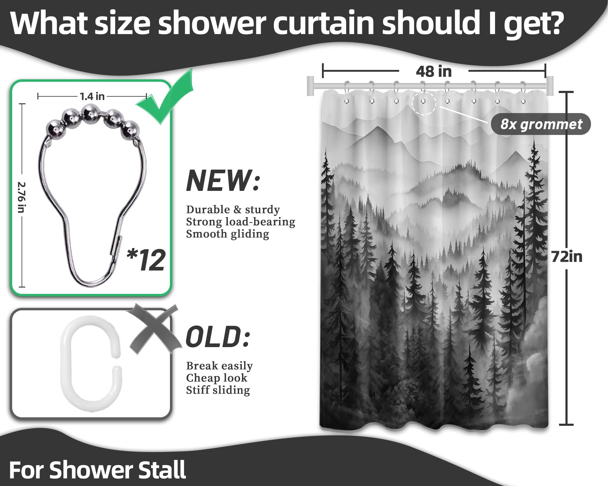 QGHOT Mountain Shower Curtain Black and White Forest Nature Shower Curtains for Mens Bathroom Charcoal Grey Rustic Woodland Pine