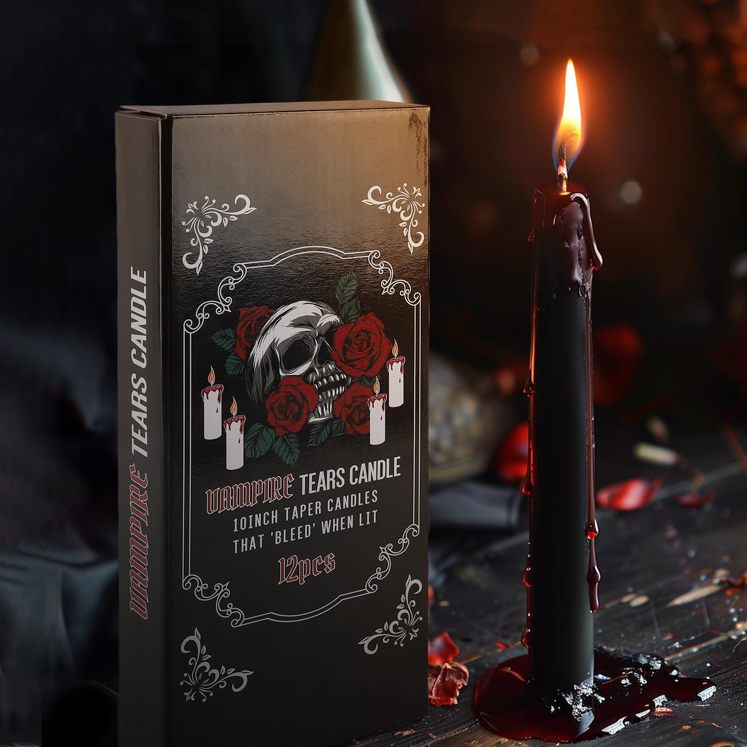 12PCS 10-Inch Black Bleeding Taper Candles,Vampire Tears Taper Candles- Unscented Ideal for Halloween, Christmas, Rituals, and T