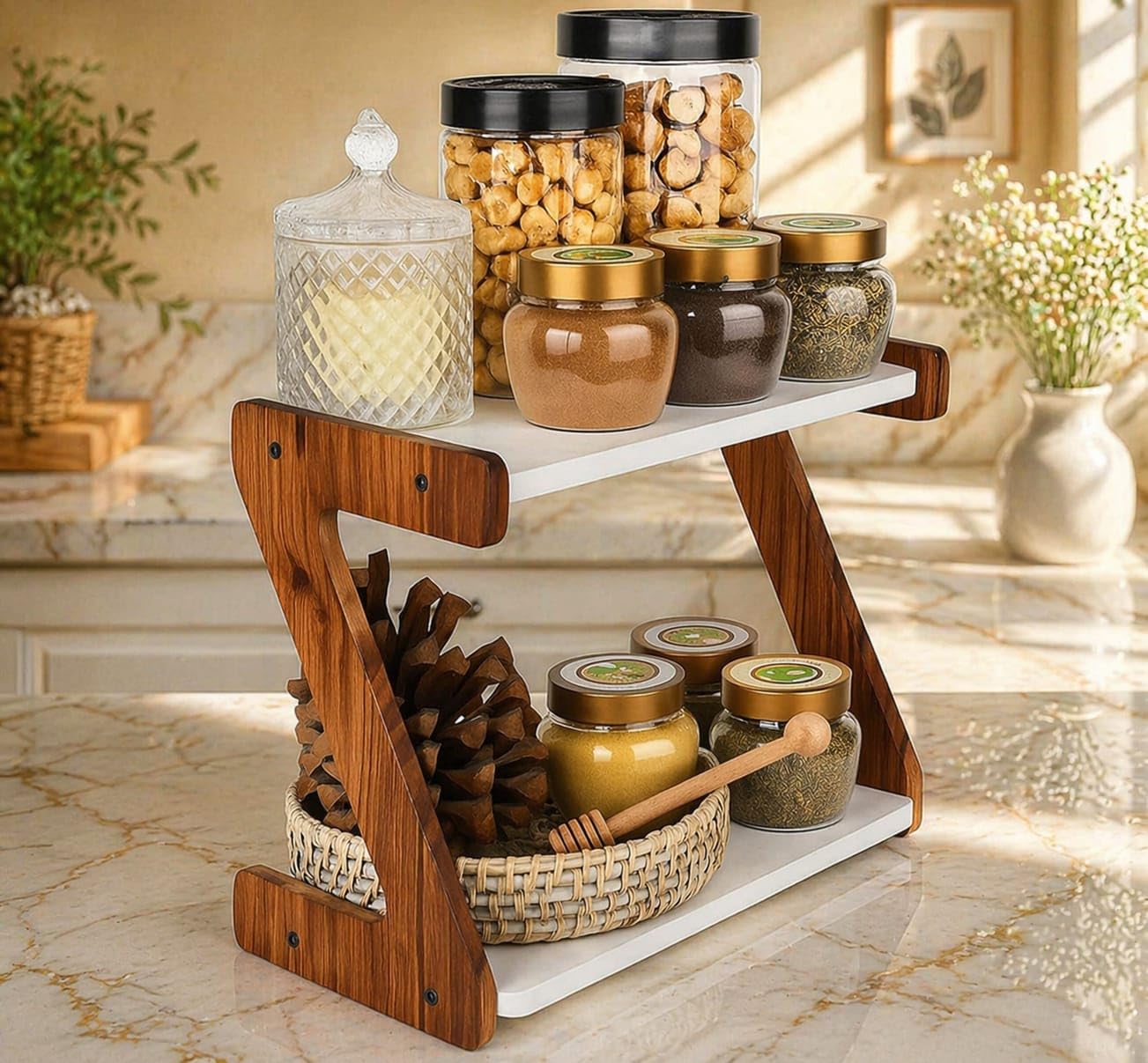 Wixidoor 2Tier Wooden Kitchen Organizer Items And Storage, Kitchen Organiser, Kitchen Stand, With ZShape Kitchen Rack Organize