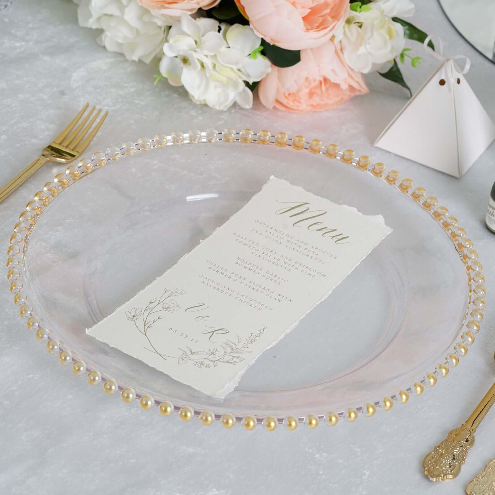 Tableclothsfactory 6 Pack 12'' Gold Clear Acrylic Round Charger Plates With Beaded Rim Dinner Charger Plates