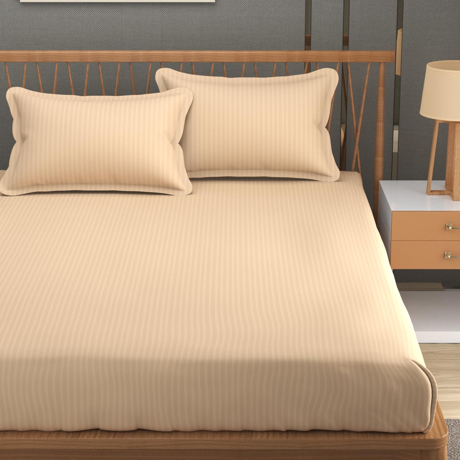 Homefab India 160 Tc Stripe Glace Cotton Double Bedsheet With 2 Pillow Covers - (90X90 Inches) - Peach