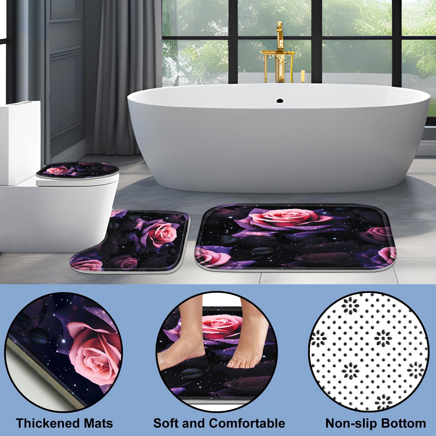 Poedist 4 Pcs Shower Curtain Set, Red Rose Bathroom Set,Romantic Shower Curtain Sets With Rugs(Bath Mat,U Shape And Toilet Lid C