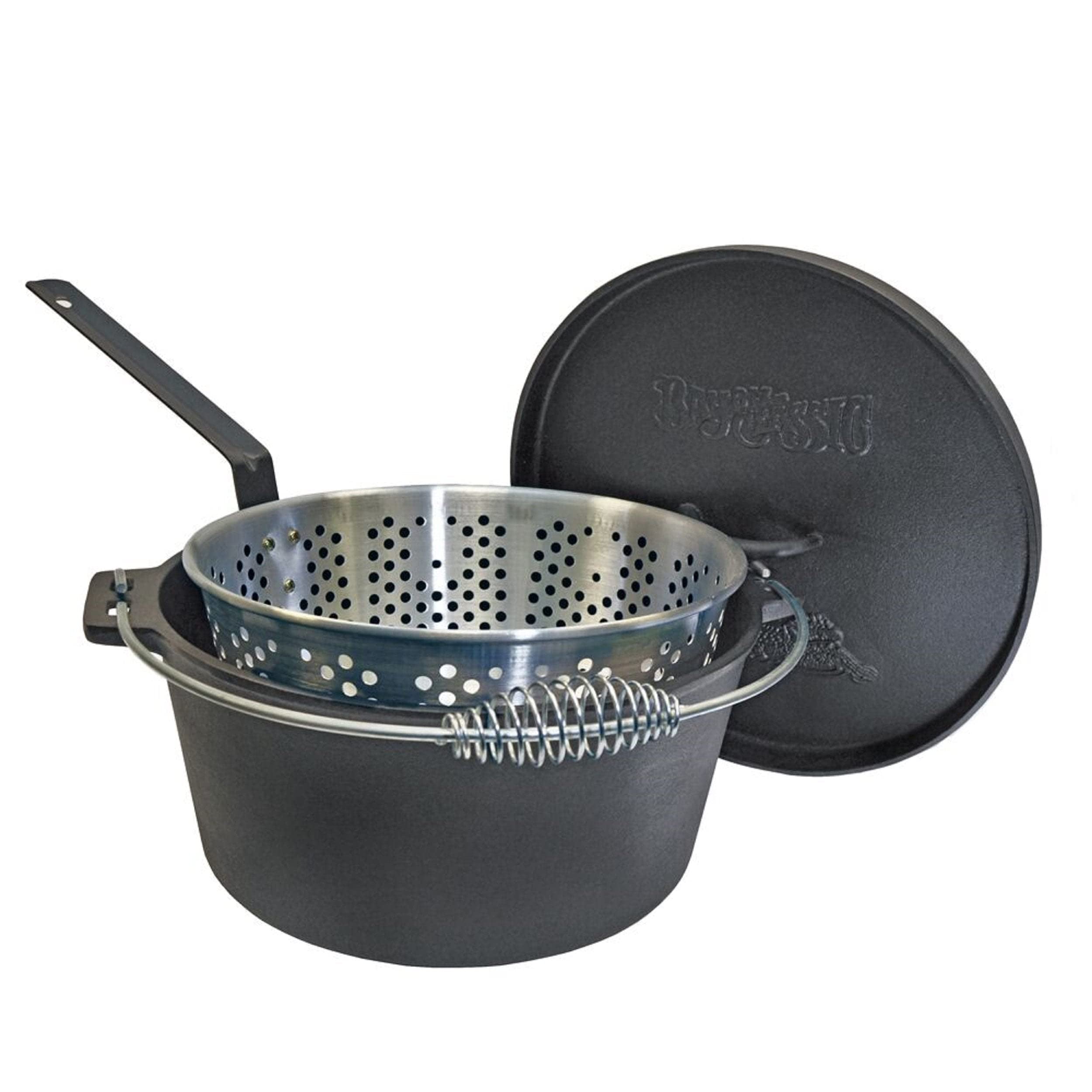 Bayou Classic Cast Iron Dutch Oven w/ Fry Basket Features Flanged Camp Lid Perforated Aluminum Basket Stainless Coil Wire Handle