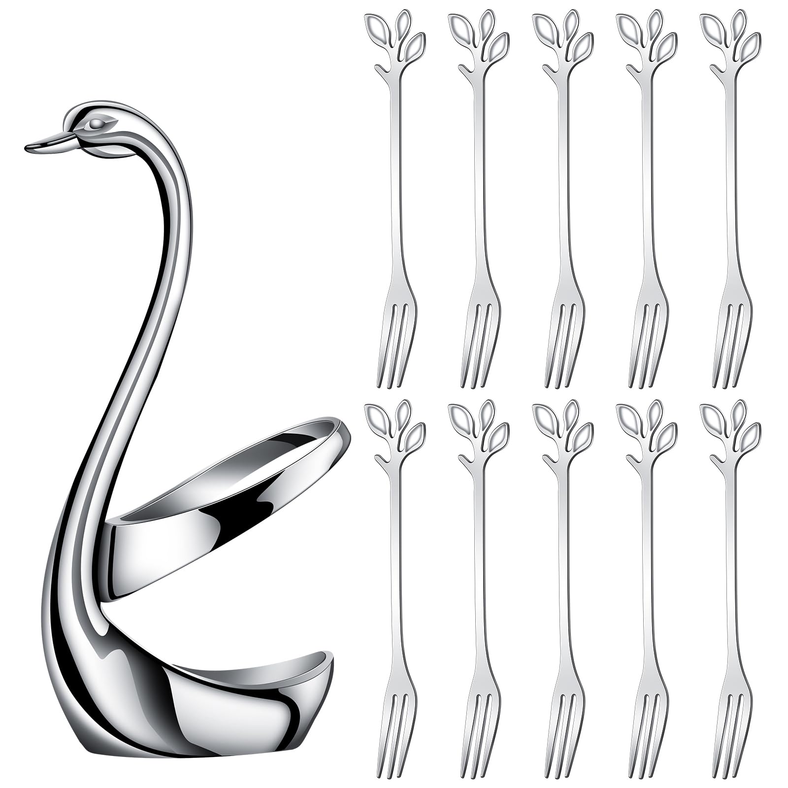 Ansaw Elegant Swan Base Holder Set With 10 Pcs Silver Leaf 4.7'' Stainless Steel Mini Forks For Appetizer, Fruit, Dessert, Cake