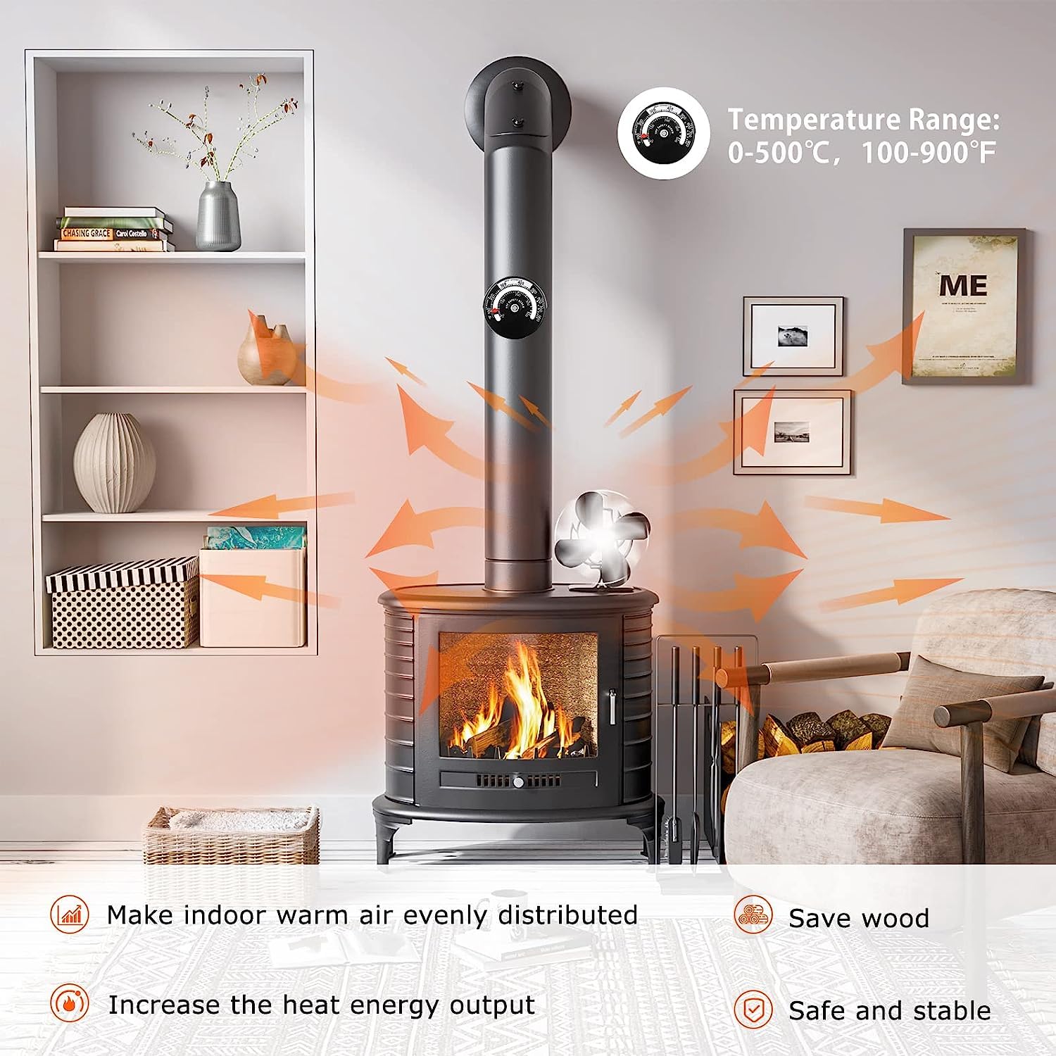 Signstek Heat Powered Wood Stove Fan for Wood/Log Burner/Fireplace/Heater, Non Electric, Quiet, Eco Friendly Black Stove Fans, C