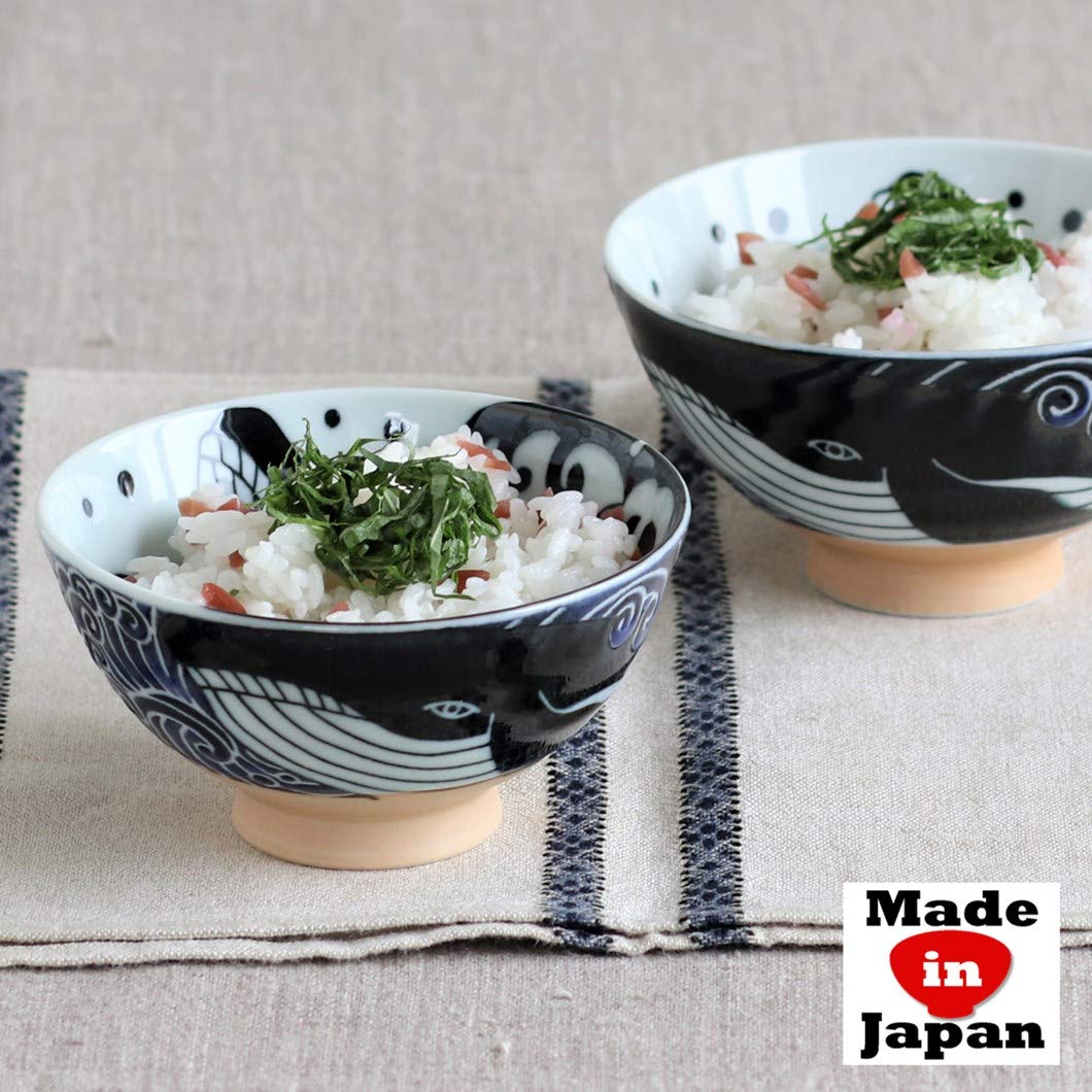 Minoru Touki White Wave Whale Blue Ceramic Rice Bowl Small Set Of 2 F4.4  H2.4In 11.29Oz