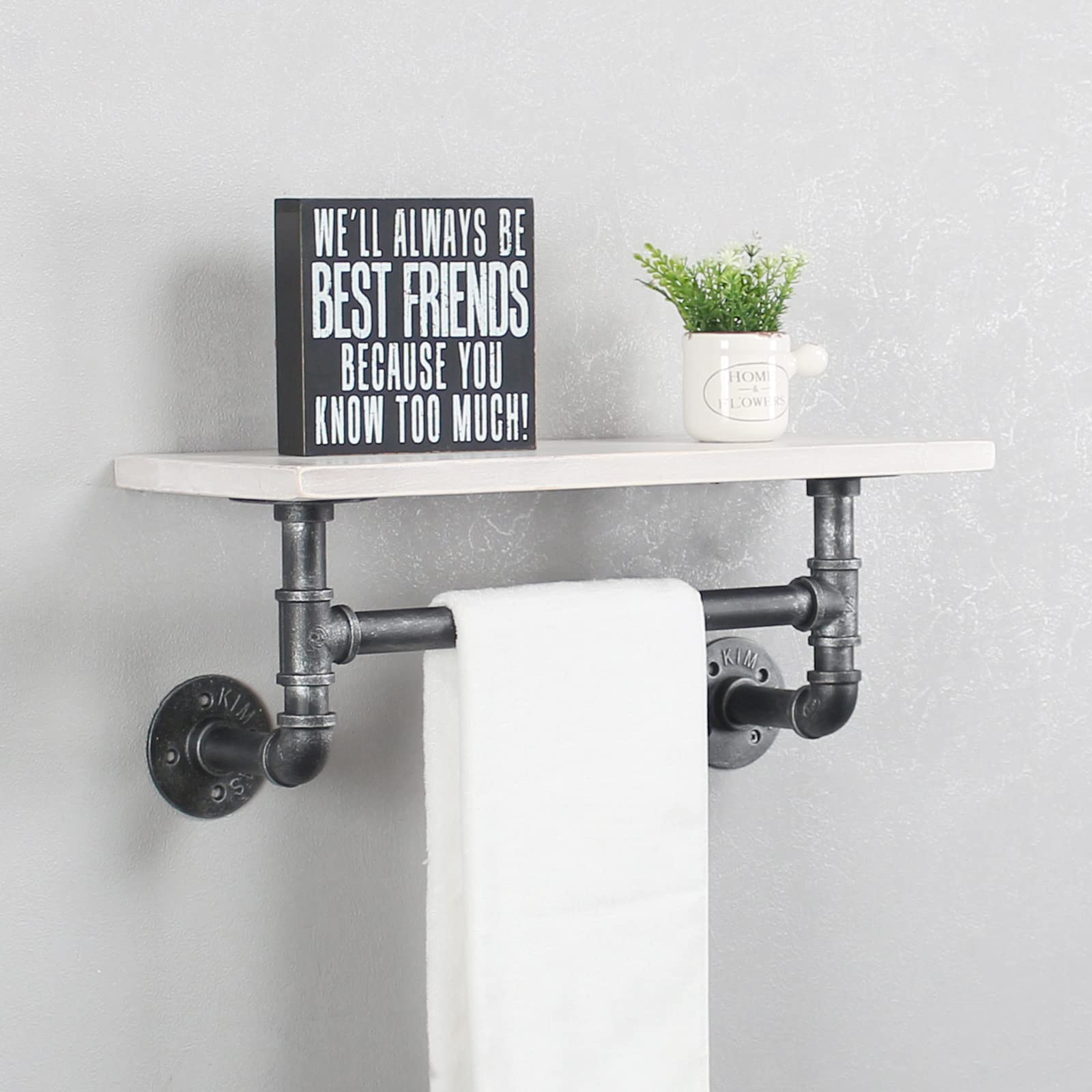 MBQQ Industrial Pipe Shelf Bathroom Shelves Wall Mounted 19.6in Rustic Wood Shelf with Towel Bar 1 Tier Farmhouse Towel Rack Over Toilet Pipe Shelving Floating Shelves Towel Holder Retro White