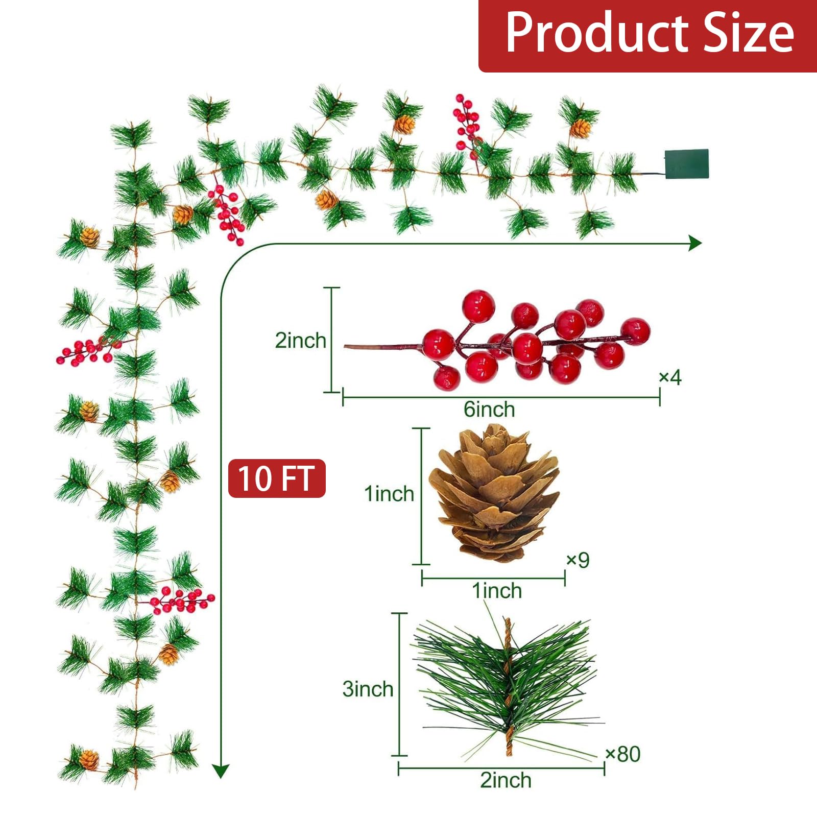 10Ft 30 LED Prelit Christmas Garland with Lights Timer, Garlands for Decoration Christmas Battery Operated Pine Cones Red Berrie