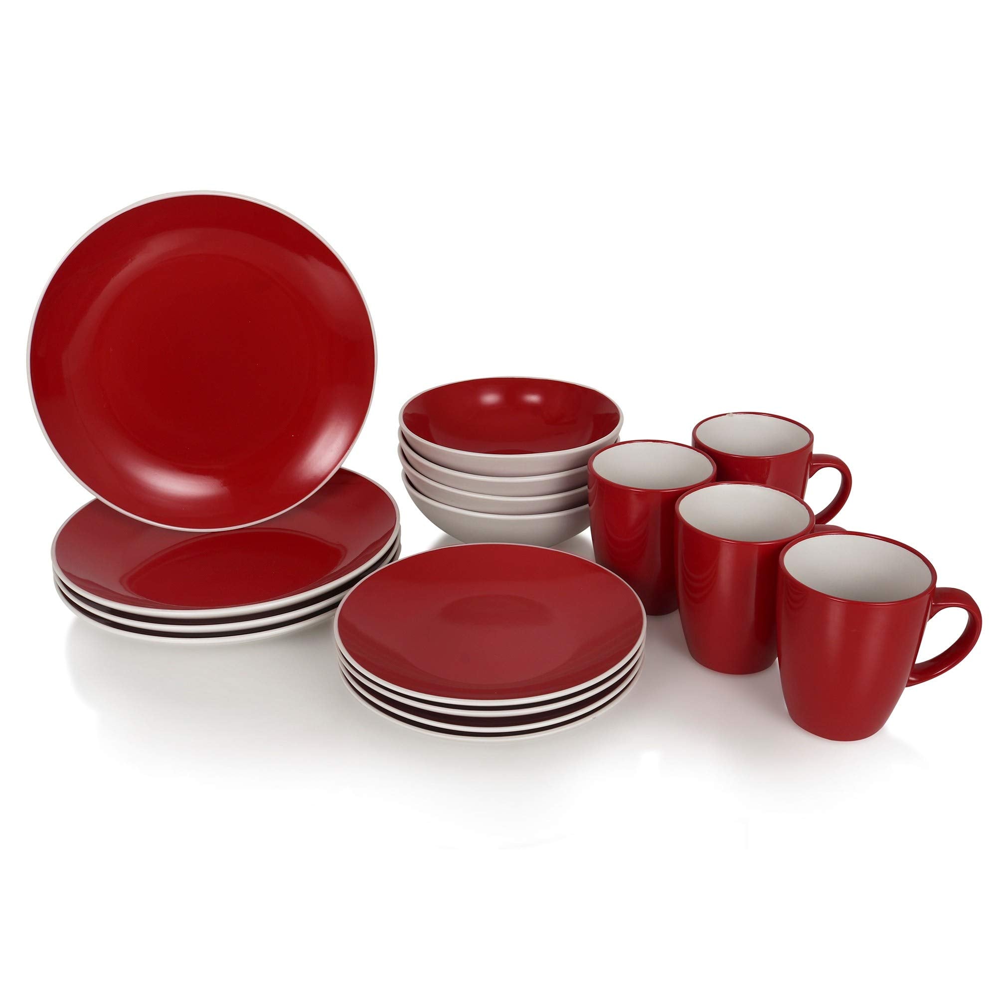 Urban Snackers Porcelain Kitchen Dinnerware Set, 16 Piece, Red, Standard