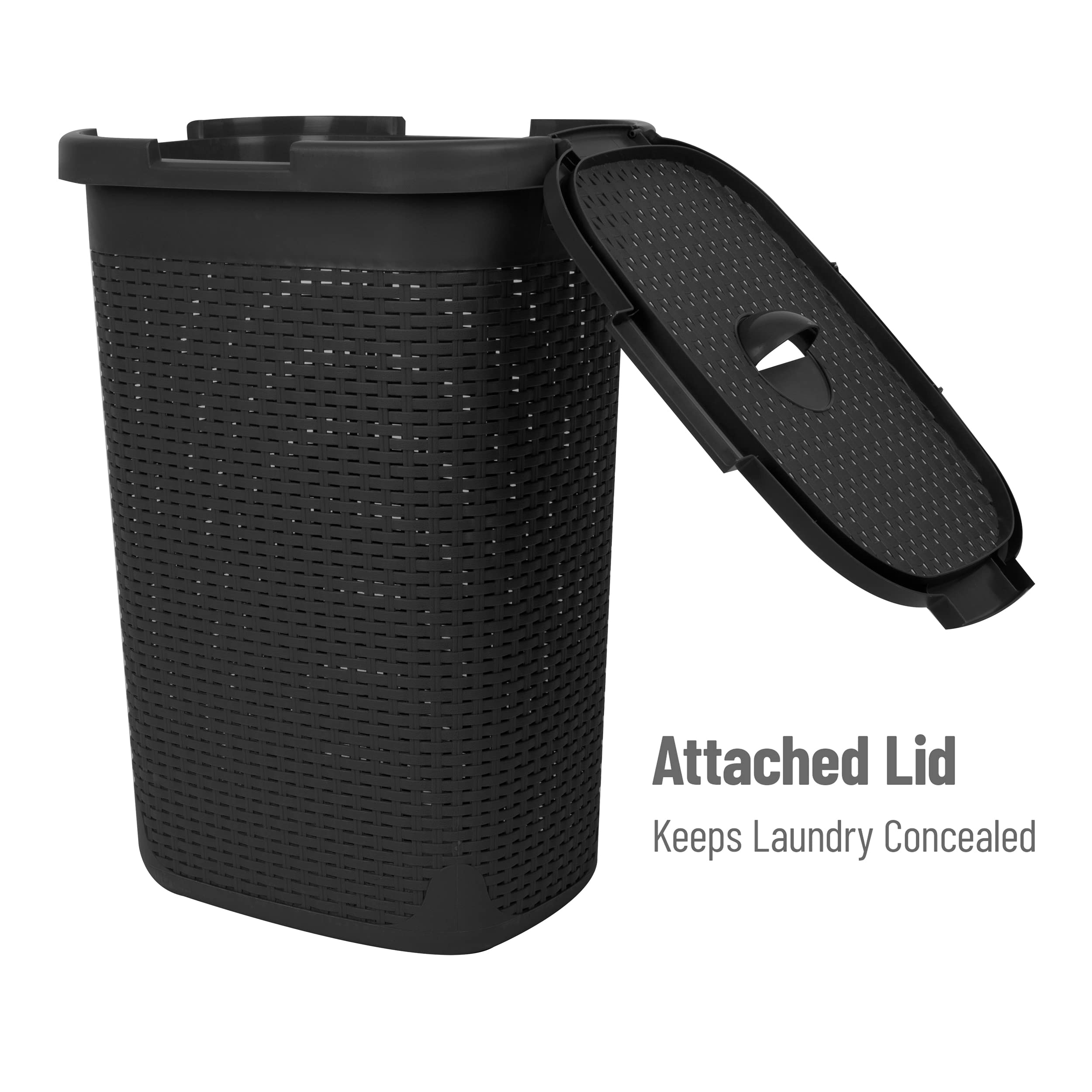 Mind Reader 60L Slim Laundry Hamper, Clothes Basket, Lid, Wicker Design, Plastic, 17.65''L X 13.75''W X 24.15''H, Black