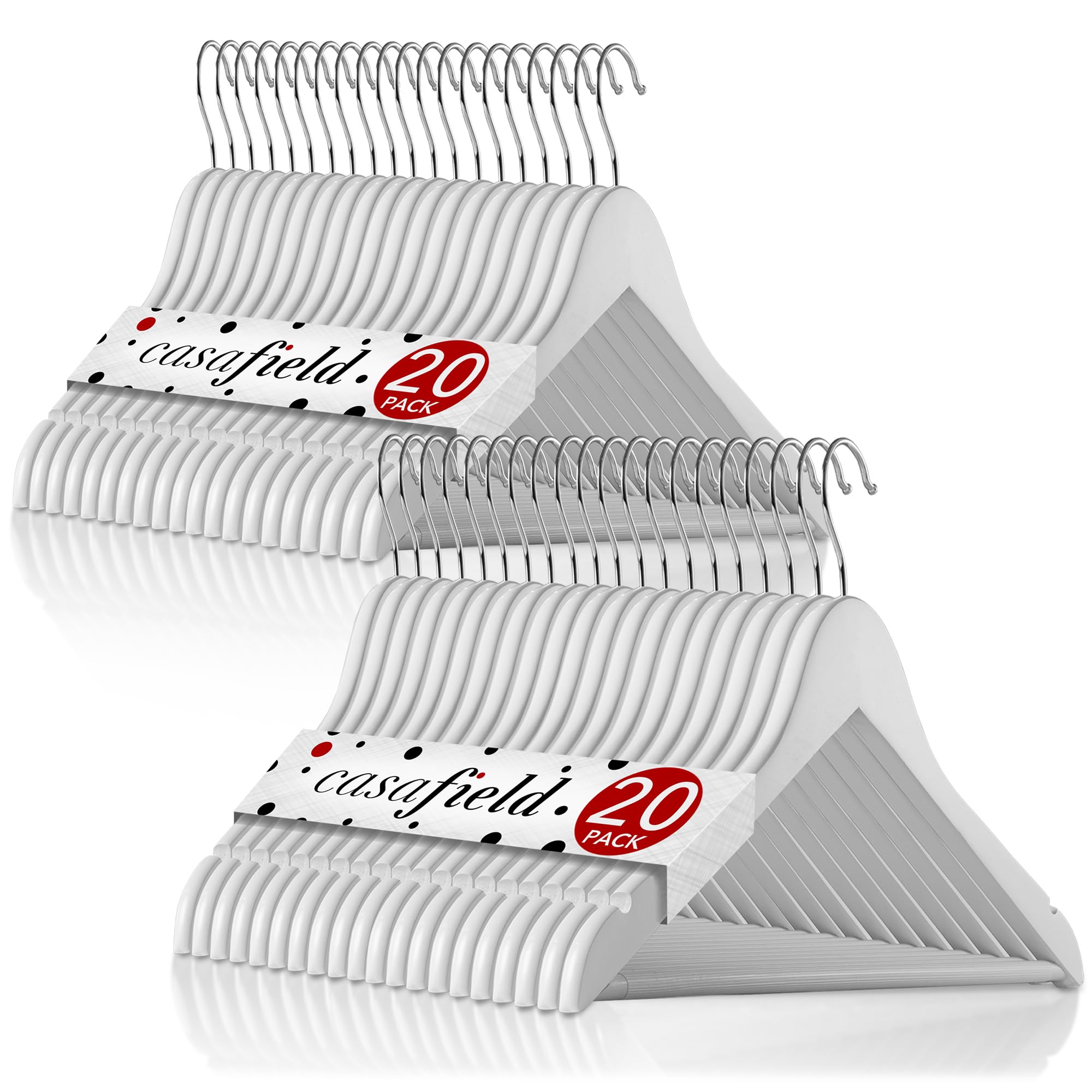 Casafield - 40 White Wooden Suit Hangers - Premium Lotus Wood With Notches & Chrome Swivel Hook For Dress Clothes, Coats, Jacket