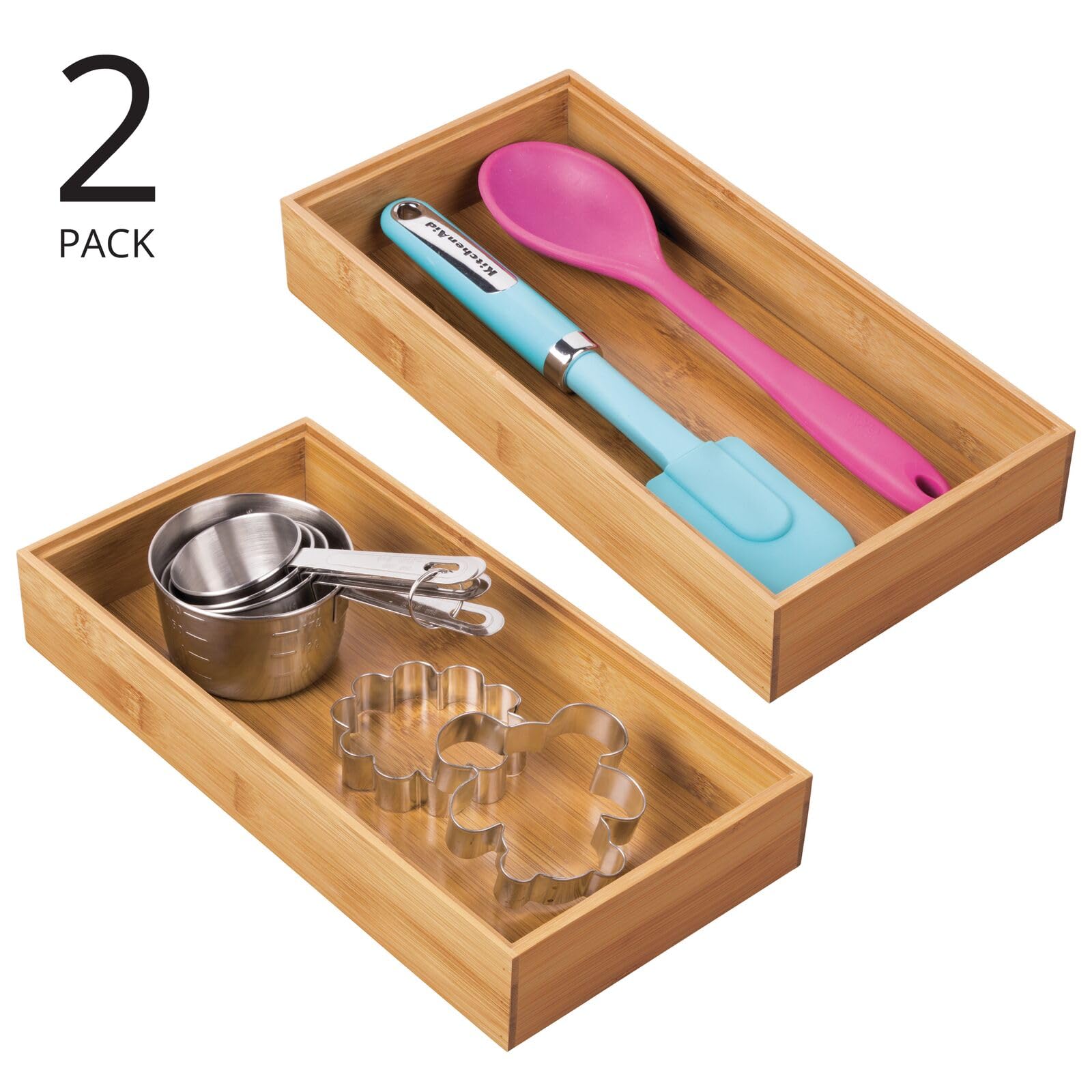 Mdesign Wooden Bamboo Drawer Organizer - 15'' Long Stackable Storage Box Tray For Kitchen Drawers/Cabinet - Utensil, Silverware,