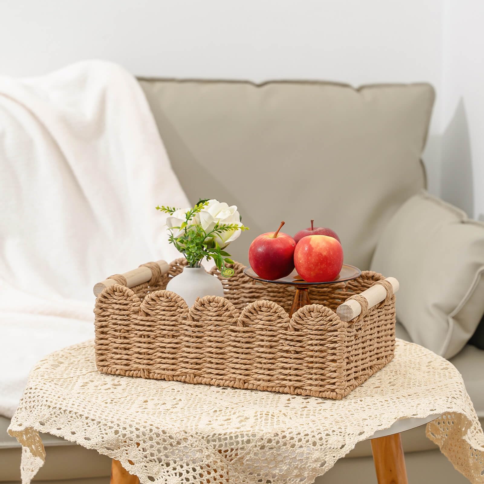 CubesLand Paper Rope Scalloped Edge Decor Baskets for Home, Living Room, Bedroom, Toilet Basket for Over Toilet Storage Shelf, E