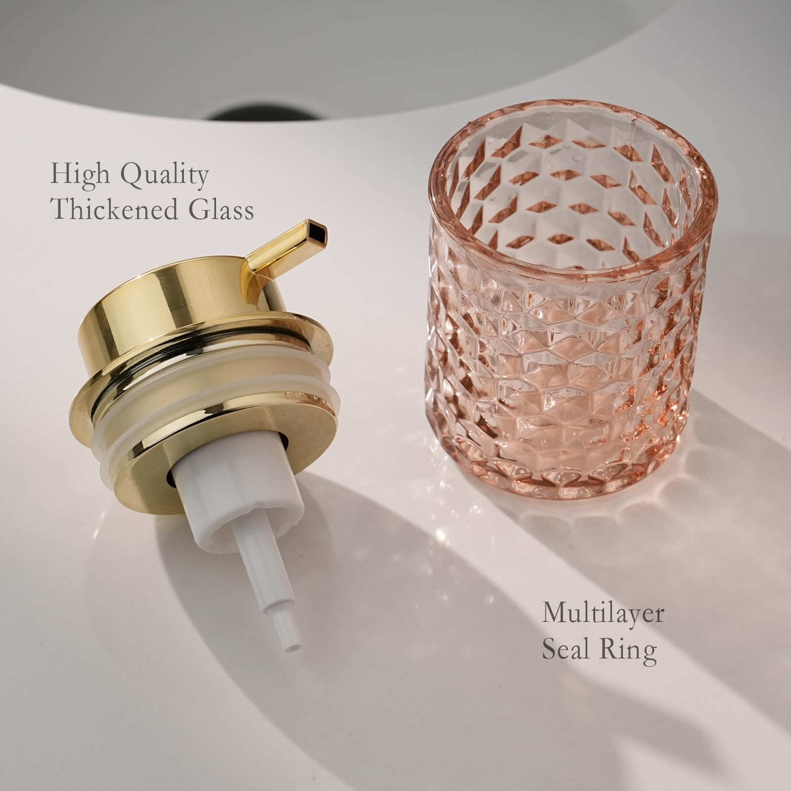 Cicufy Hand Soap Dispenser Glass, Refillable Liquid Dispenser For Bathroom & Kitchen,Lotion Dispenser With Large Gold Pump(Diamo