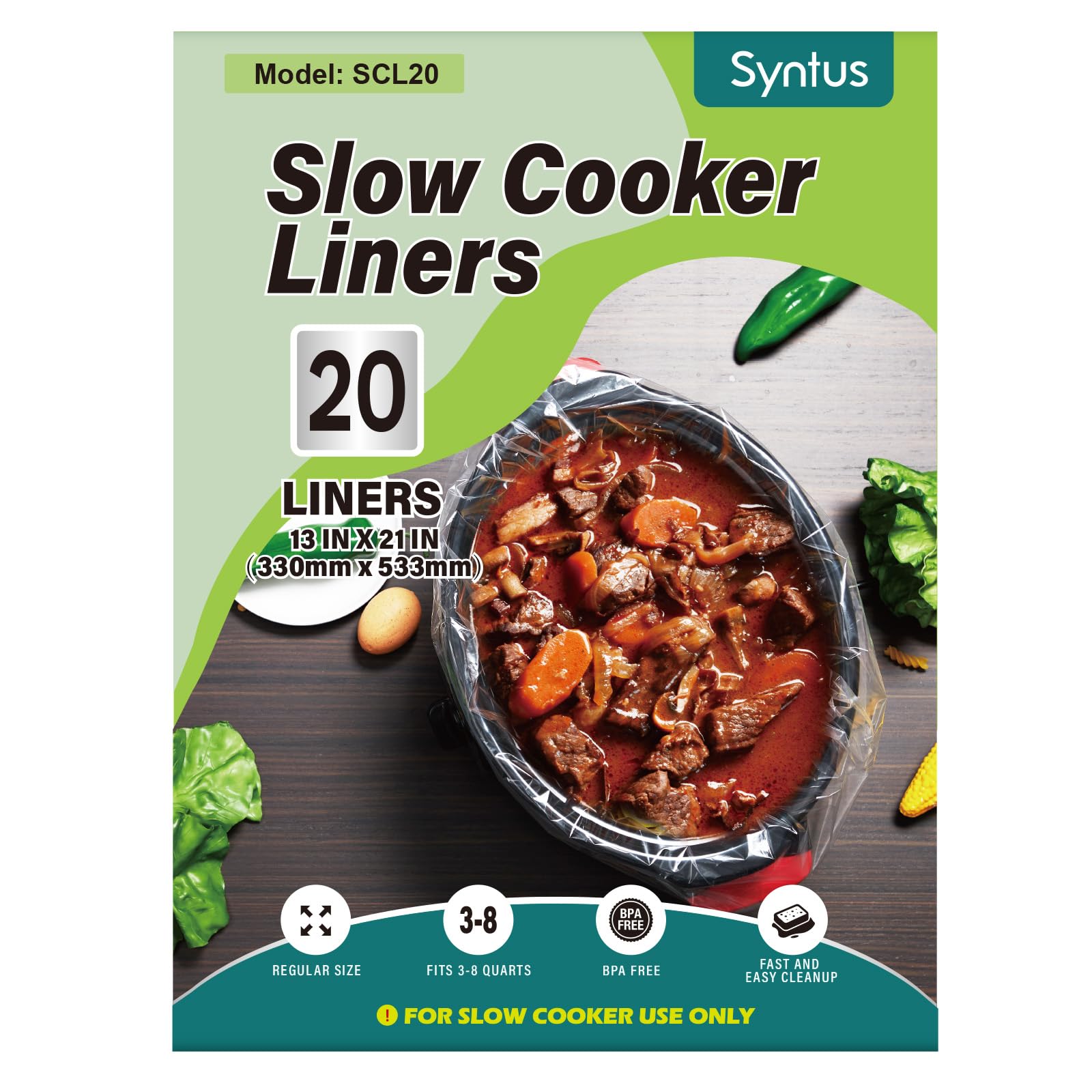 Syntus Slow Cooker Liners, 20 Count Cooking Bags Large Size Disposable Pot Liners Plastic Bags, Fit 3QT to 8QT for Slow Cooker C