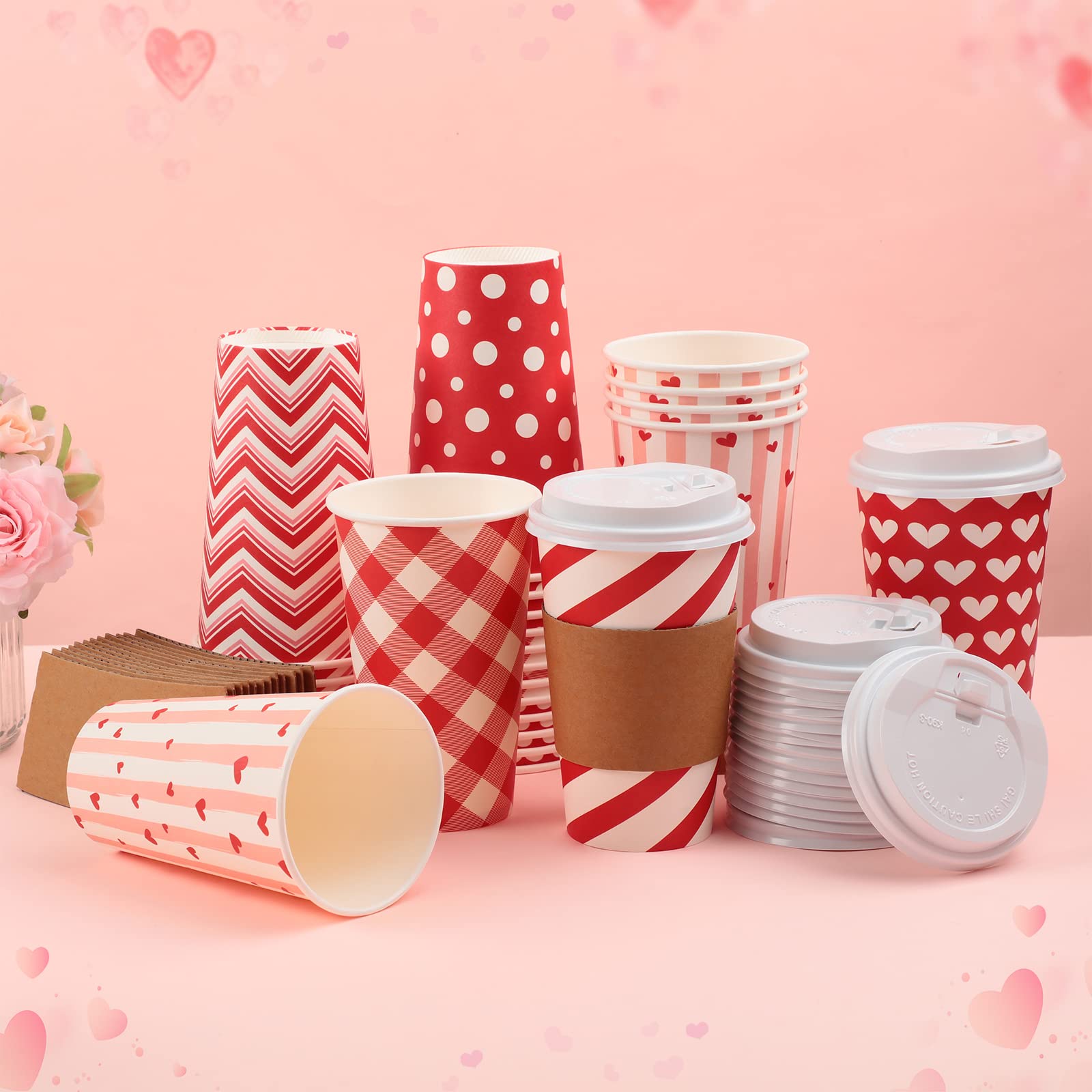Sosation 90 Pcs/30 Set Valentine'S Day Coffee Paper Cups With Lids And Sleeves 16 Oz Disposable Hot Cocoa Cups Valentines Pink P