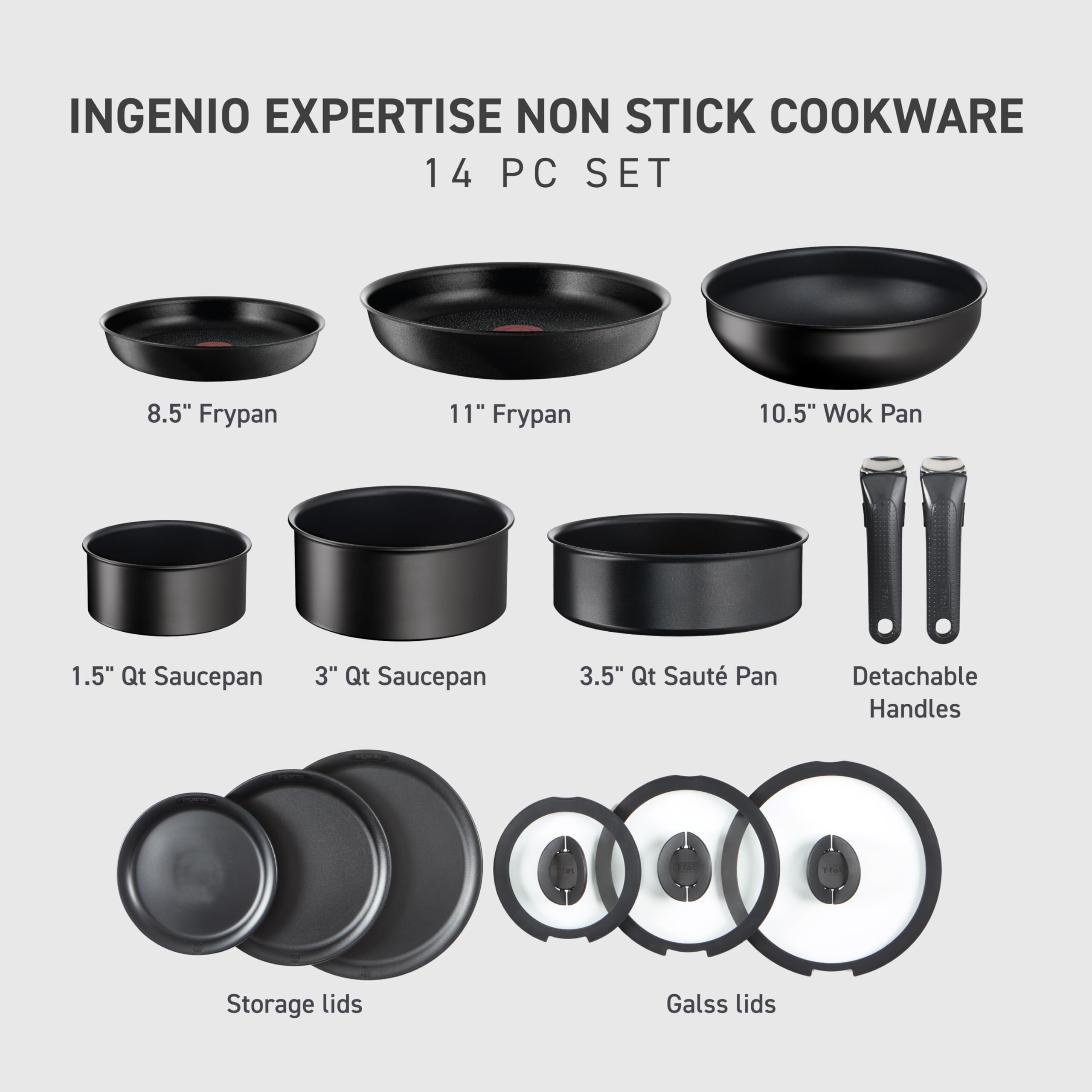 Tefal Ingenio Expertise 14-Piece Non-Stick Cookware Set, Induction Safe, Removable Handle, Onyx Black