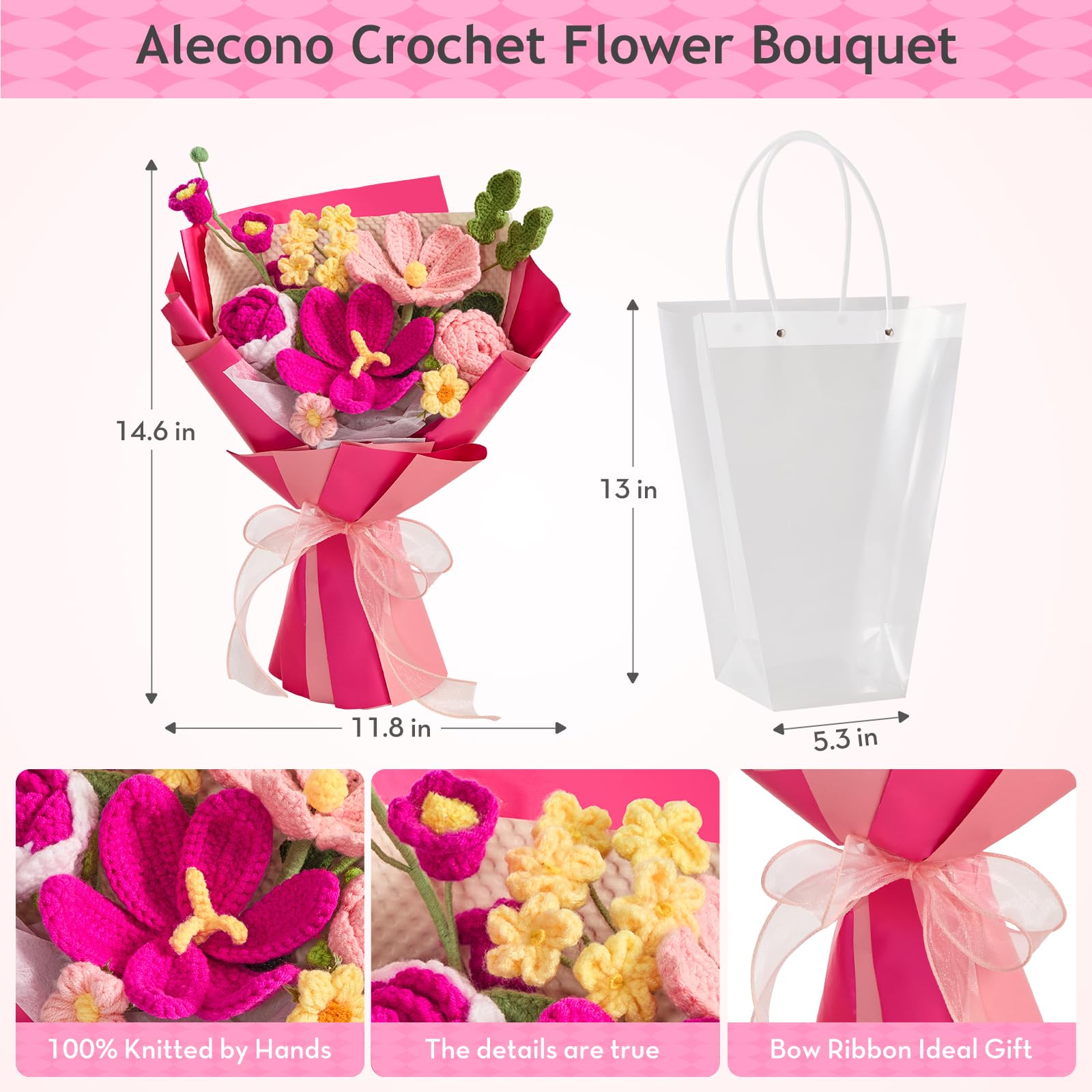 Alecono Crochet Flower Bouquet, Hot Pink Knitted Flowers, Crochet Tulips Flower for Lover Anniversary Birthday Party Mother s Da