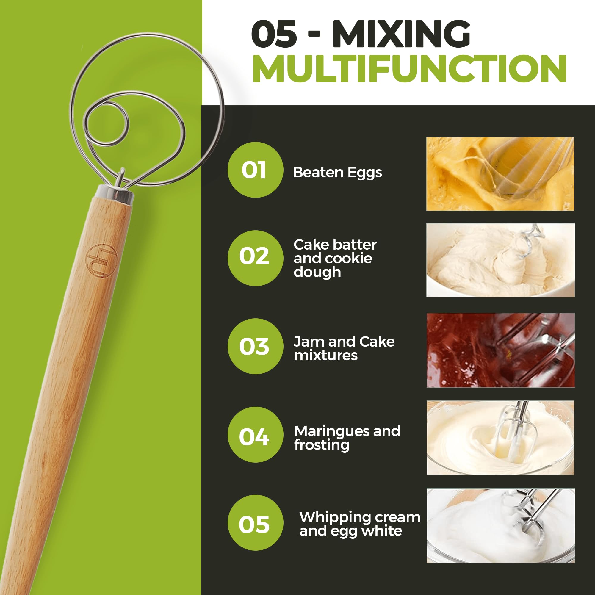 Lhu Premium Original Danish Dutch Whisk For Better Batter And Bread Dough Recipes, Stainless Steel/Beechwood, Includes Cleaning