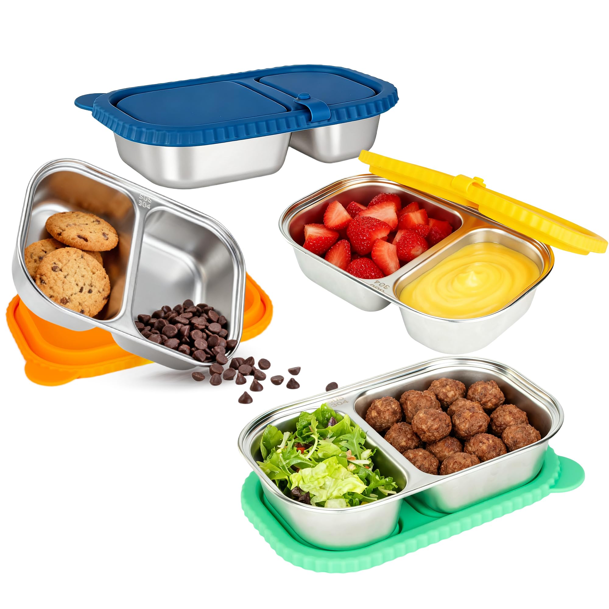 4 Pack Stainless Steel Snack Containers with Lids, Double Compartments 13oz