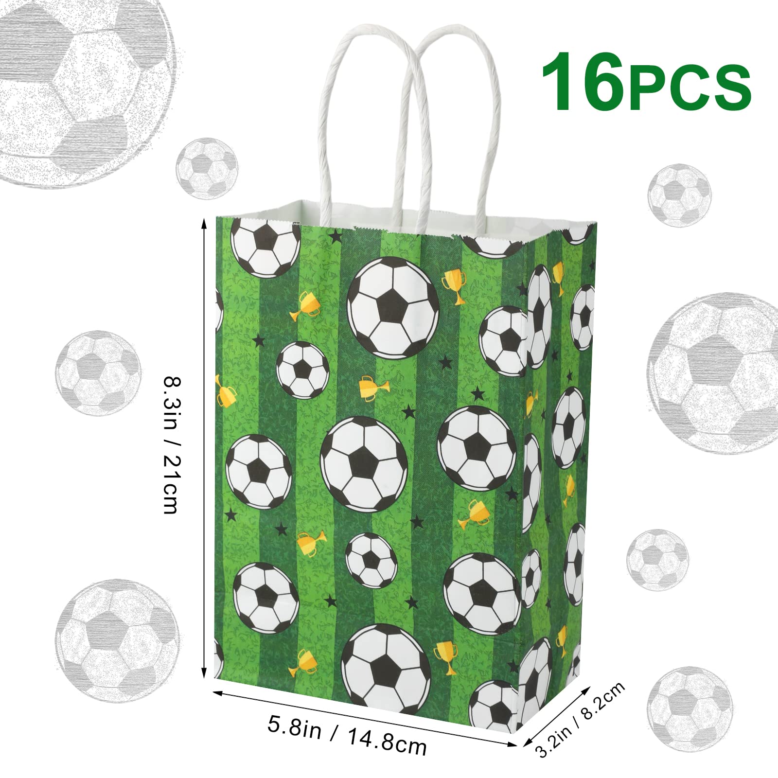 16Pcs Soccer Party Favor Paper Bags, Green Football Gift Bag Football Themed Party Bags With Handles Soccer Goodie Bags Treat Ca