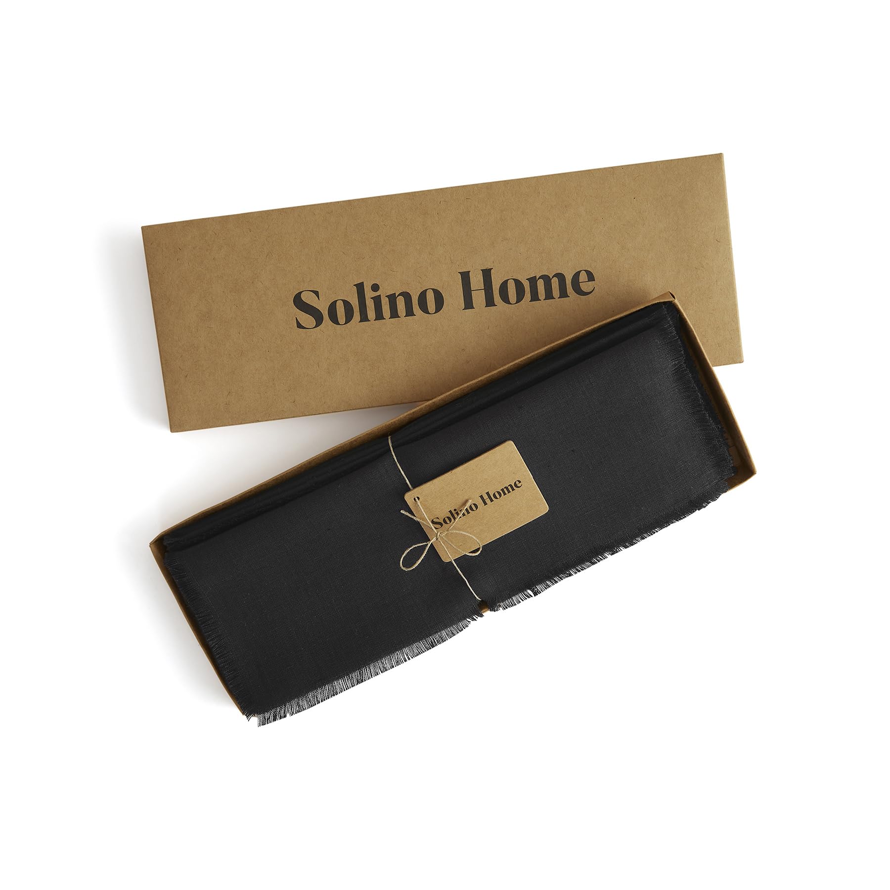 Solino Home Fringe Linen Placemats 19'' L X 14'' W Inch - 100% Pure Linen Black Cloth Placemats Set Of 4 - Washable Fabric Place