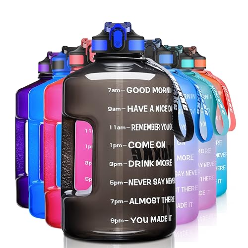 SLUXKE 1 Gallon Water Bottle with Time Marker BPA Free Motivational  128oz Leak Proof Water Bottle Jug with Handle and Straw Black