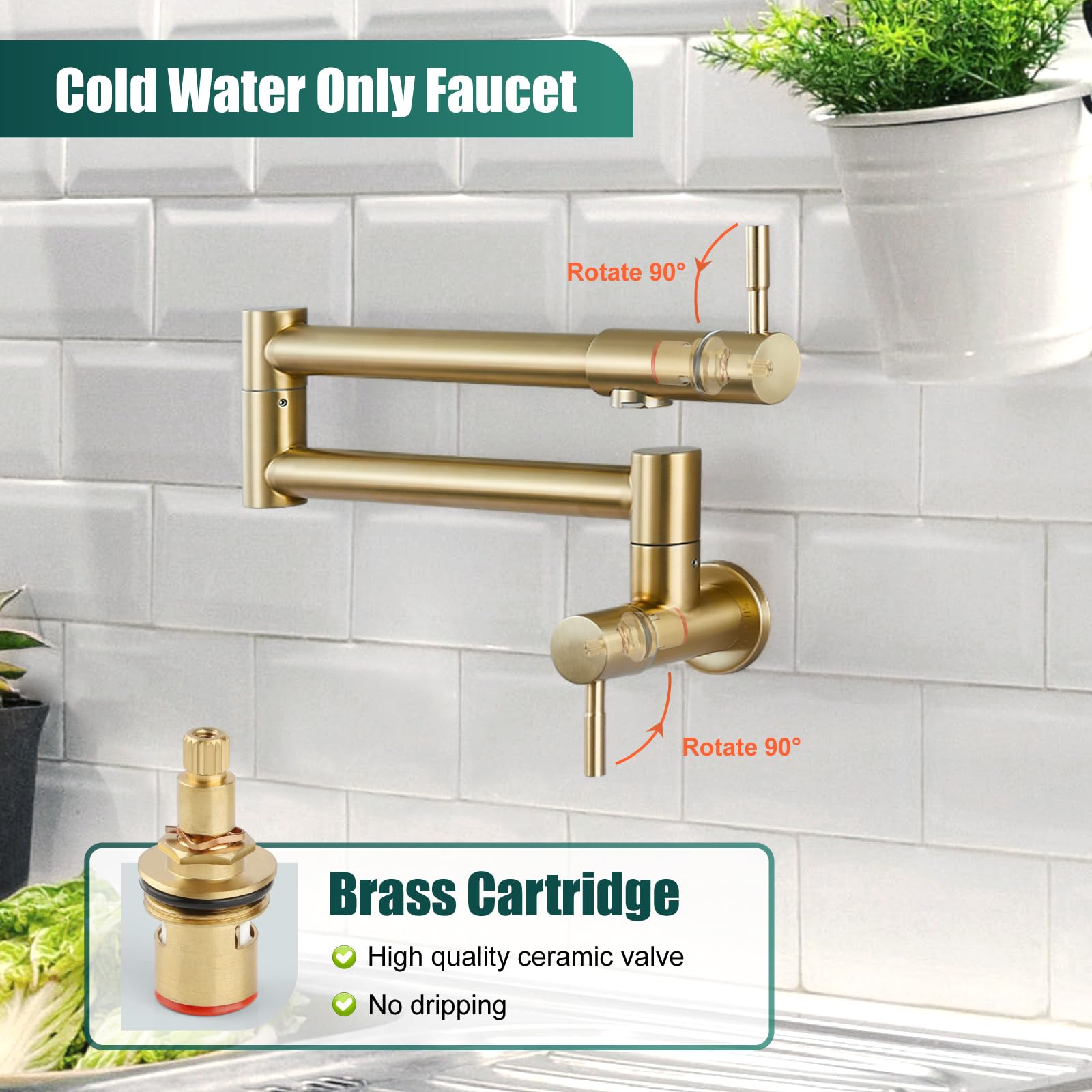 Heyalan Brushed Gold Pot Filler Faucet 19 Inch Folding Stretchable Wall Mount Kitchen Restaurant Faucet SUS304 Stainless Steel with Double Joint Swing Arm Single Hole Two Handles Commercial NPT