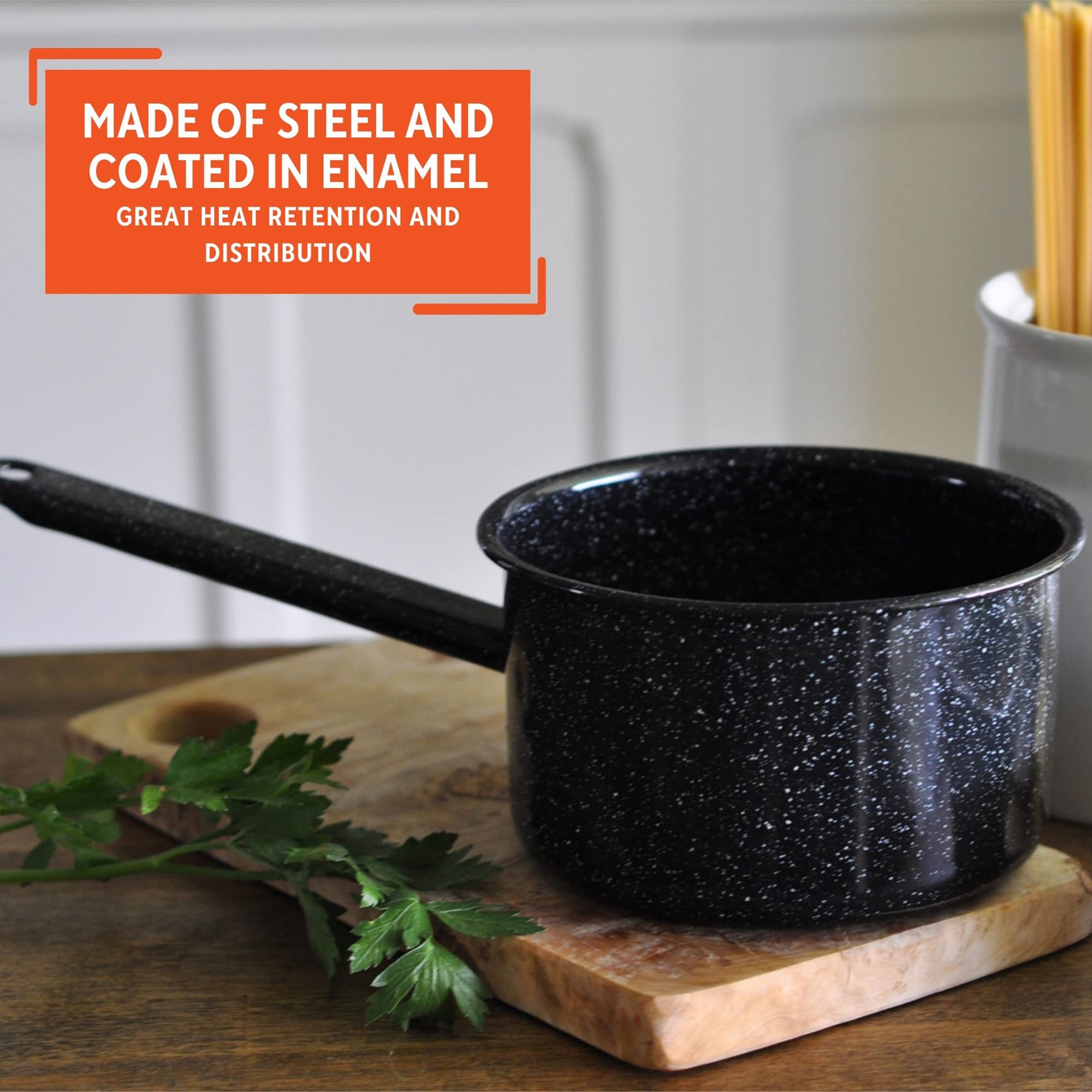 Mirro Enamel Saucepan 1.25qt, Alloy Steel, Black with Speckles, Model MIR-10709