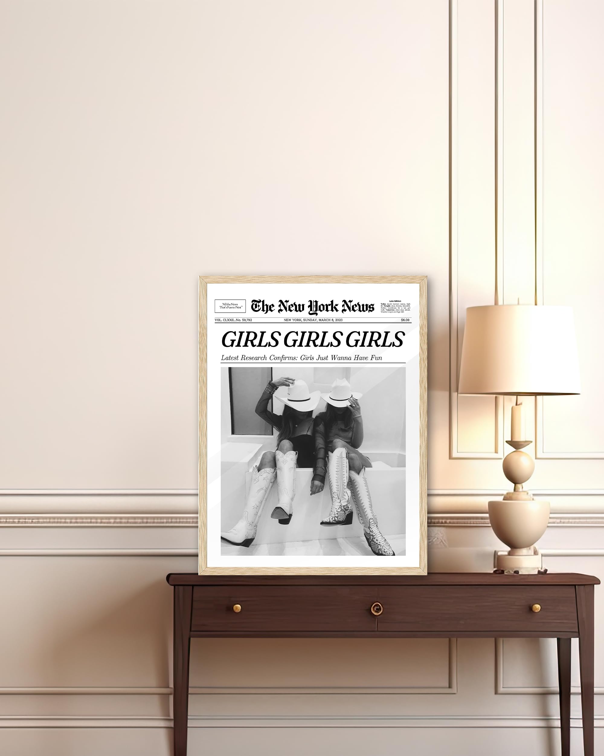 Ihery Girls Just Wanna Have Fun Framed Trendy Cowgirl Newspaper Wall Art, 12X16In Natural Oak Wood Black And White Canvas Wall D
