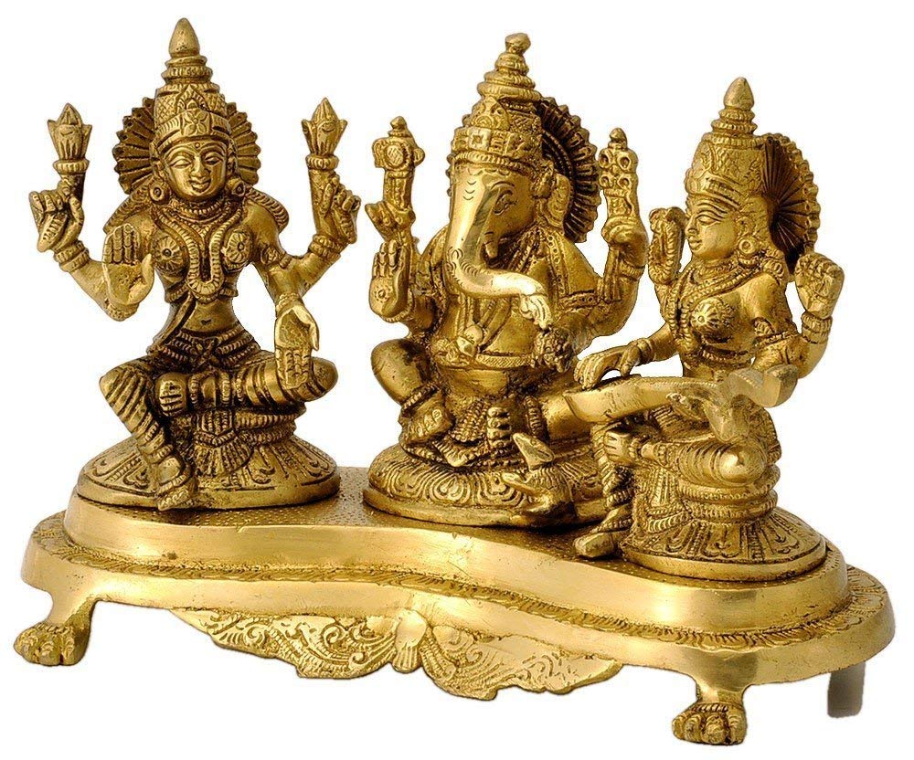 Kartique Brass Laxmi Ganesh Saraswati Idol | Ganesha Statue | Ganpati Murti | For Home Decor | Gift | (Gold)
