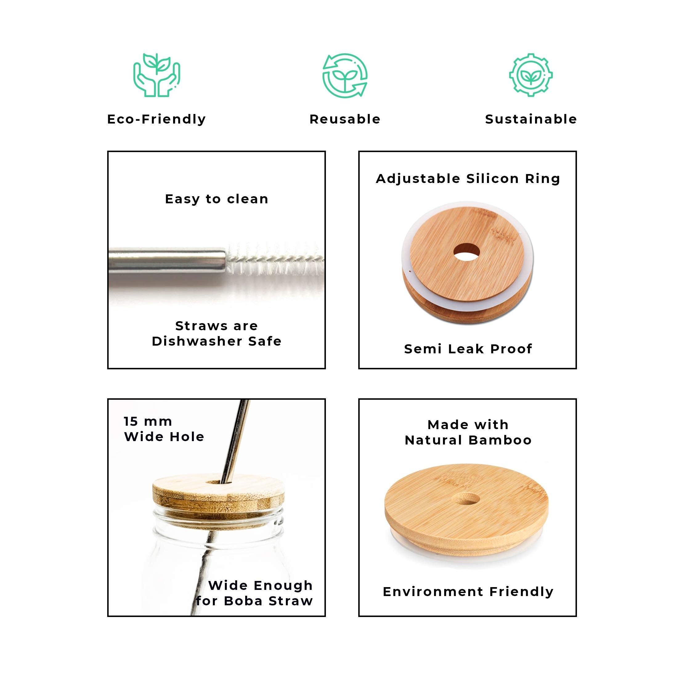 Pureandjoy 10 Pack Regular Mouth Bamboo Mason Jar Lid Set With Stainless Steel Straws (4 Regular Mouth Bamboo Mason Jar Lids , 4