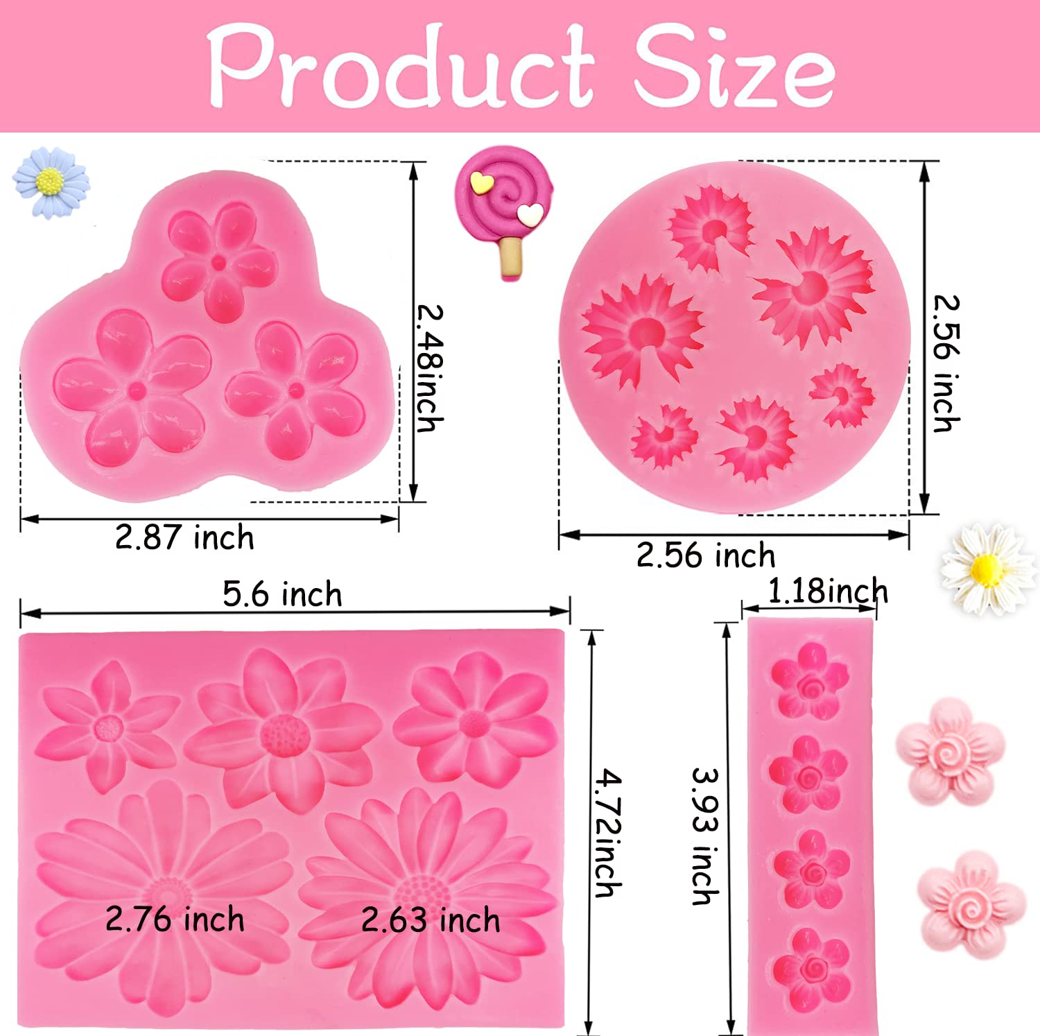4Pcs Large Daisy Flower Silicone Molds Chrysanthemum Silicone Molds Small Flower Shapes Fondant Cake Chocolate Molds Polymer Cla