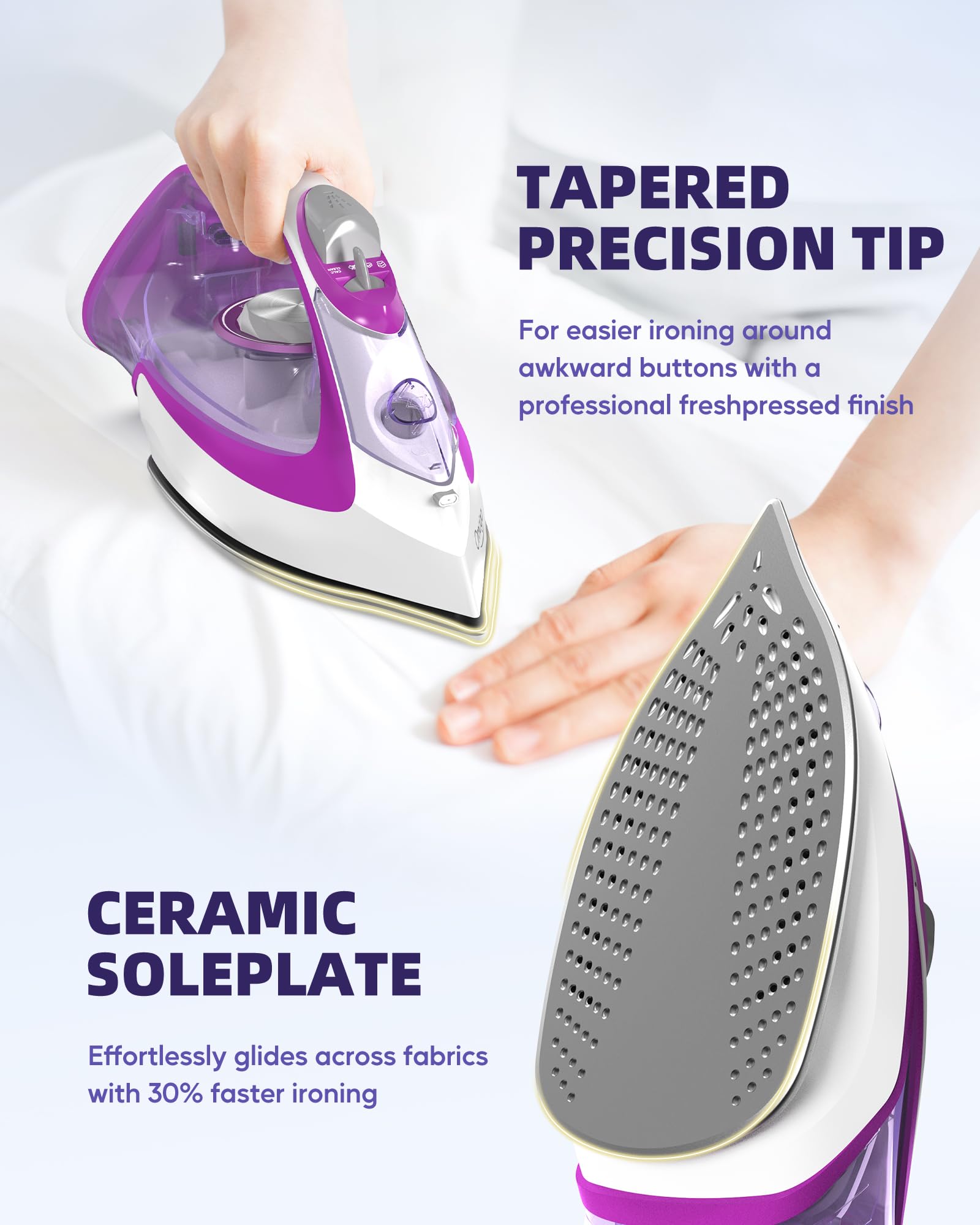 Omaiga Steam Iron For Clothes, 1750W Clothes Iron With Rapid Heating Ceramic Coated Soleplate, 3-Way Auto-Off, Clothing Iron Wit