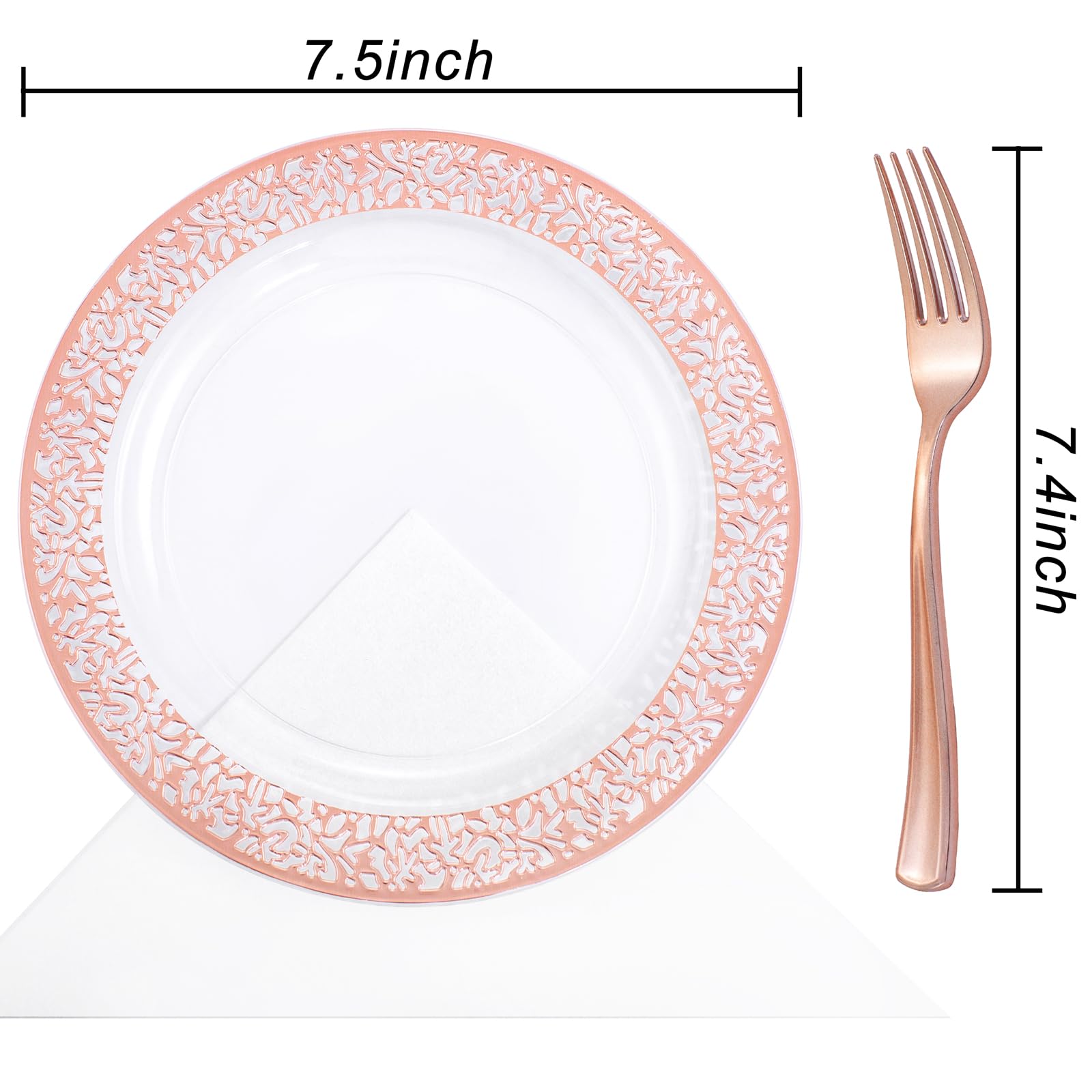 I00000 72 Pieces Rose Gold Dessert Plates 7.5'' & 72 Pieces Disposable Forks 7.4''  Clear Lace Design Plastic Salad Plates  BPA Free Appetizer Plates for all Holidays & Occasions & Party