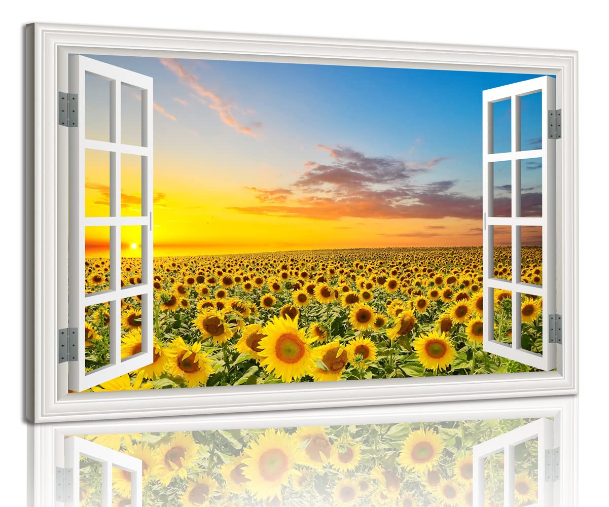Sunflower Wall Art Decor For Living Room Window Style Sunset Canvas Picture For Bedroom Realism Yellow Flowers Filed Artwork For