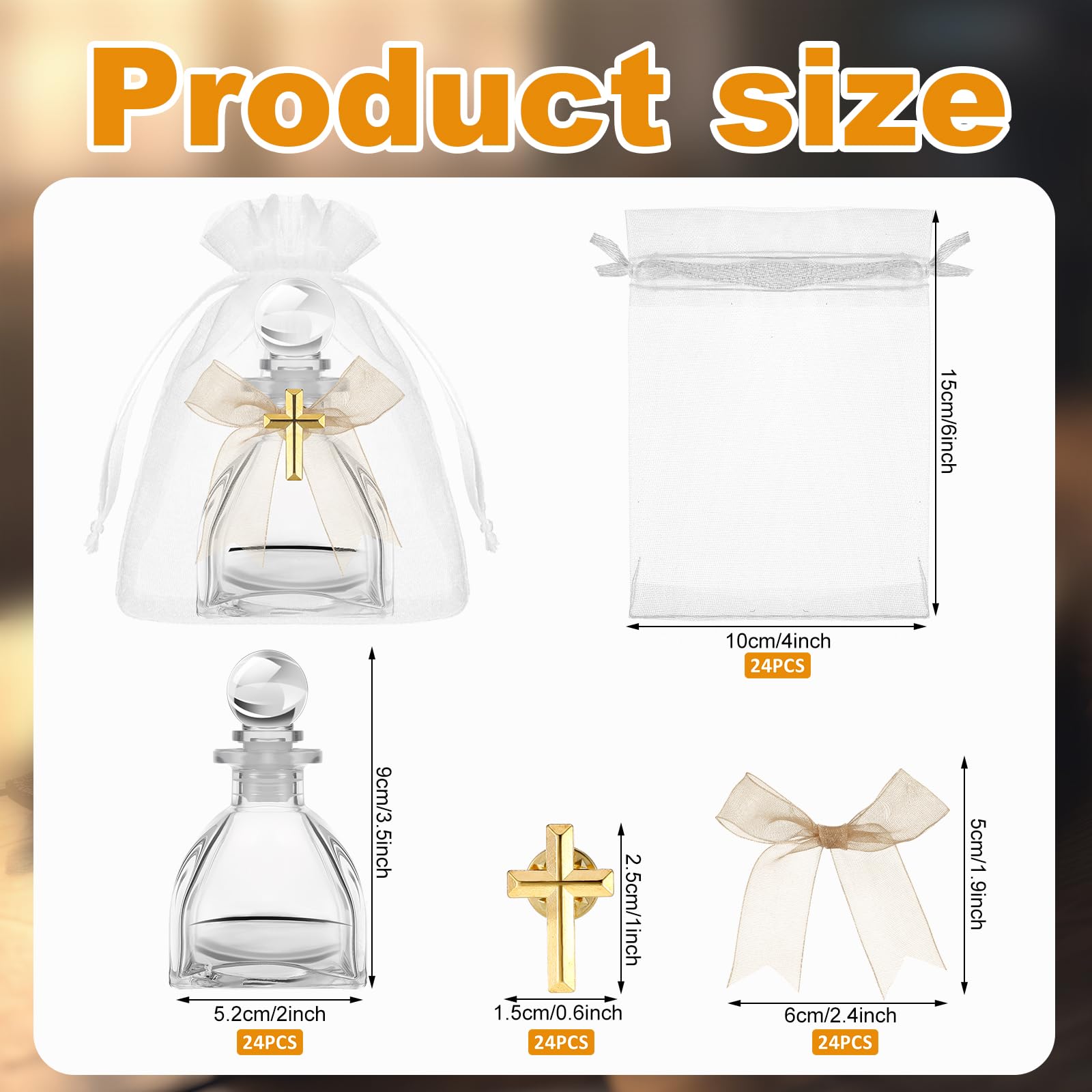Chuangdi 24 Set Holy Water Bottles Catholic Clear Holy Water Container 50ml Christian Glass Bottle with Cross Lapel Pin and Lace