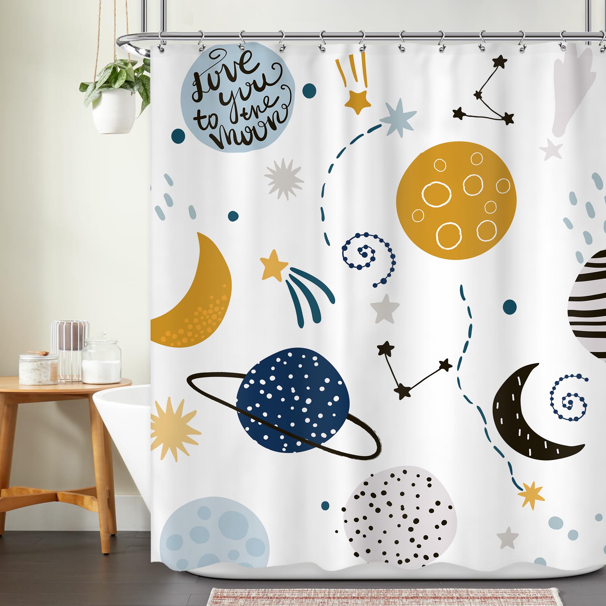 Ufeela Kids Boys Shower Curtain Cartoon Planet Cute Universe Galaxy Space Moon Kid Shower Curtain Bathroom Set Baby Print Cosmos