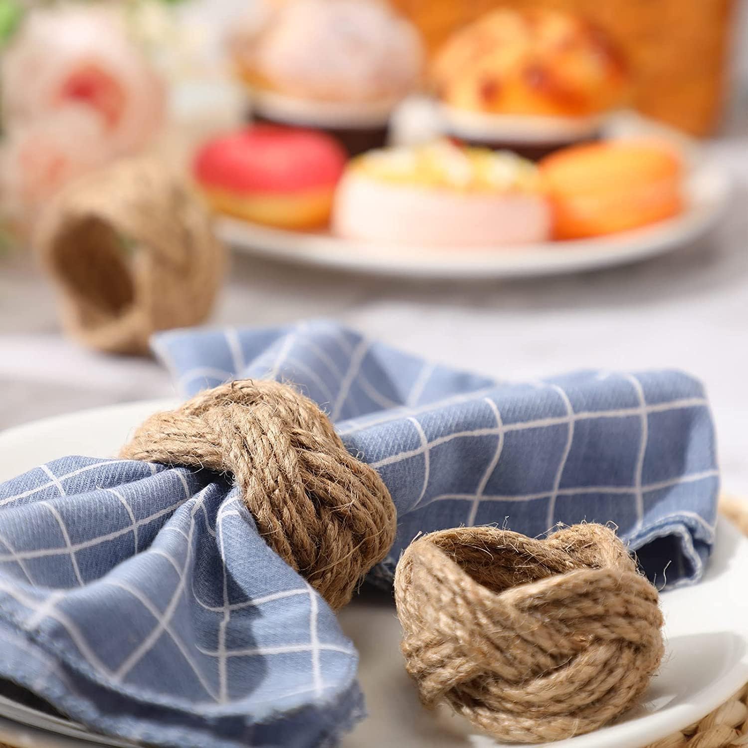 Jovial International Nautical Napkin Rings Set Of 6,Jute Rope Rustic Farmhouse Napkin Ring Burlap Set For Harvest, Thanksgiving,