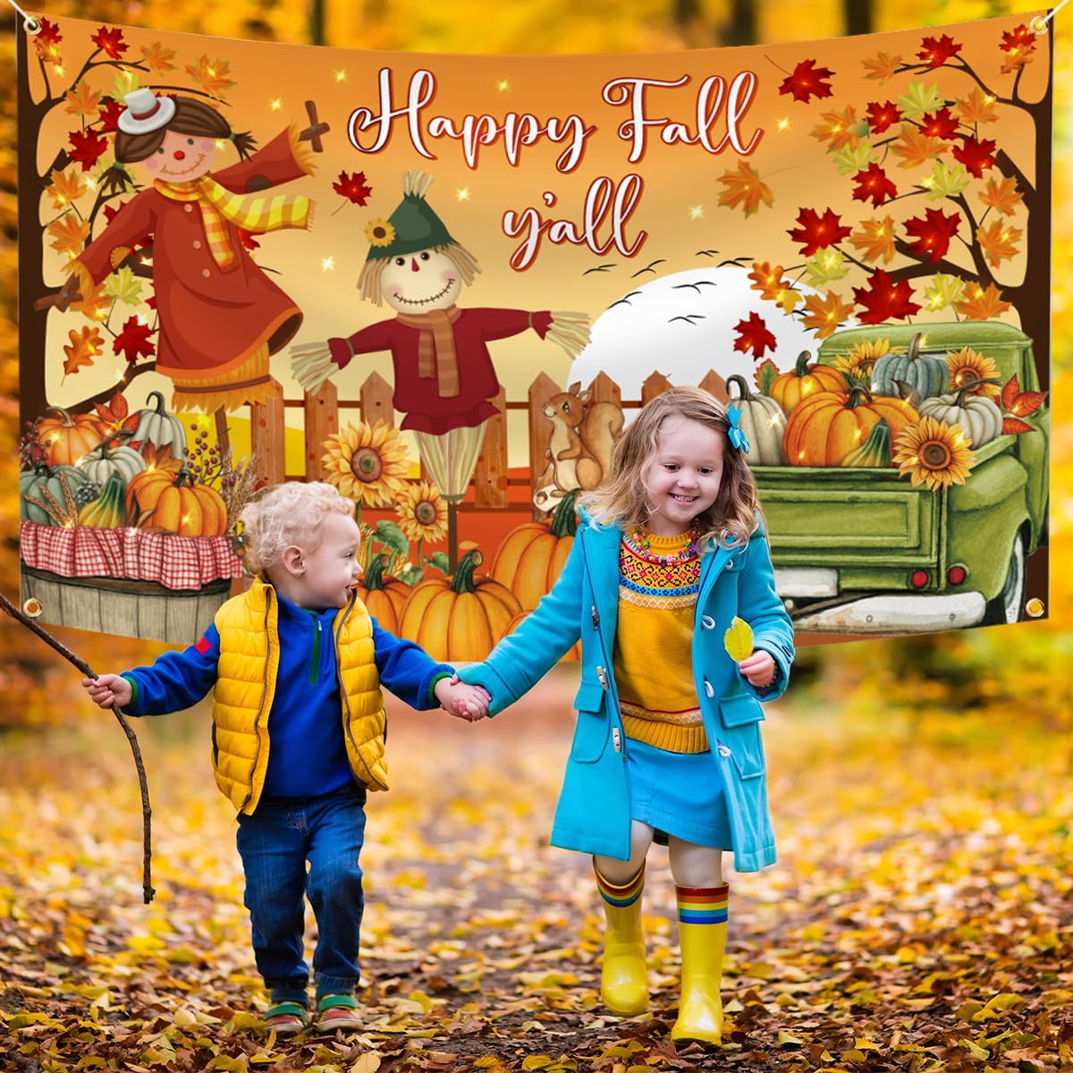 Happy Fall Yall Backdrop Decorations, Large Polyester Scarecrow Maple Leaves Fall Backdrops Banner for Photography Thanksgiving