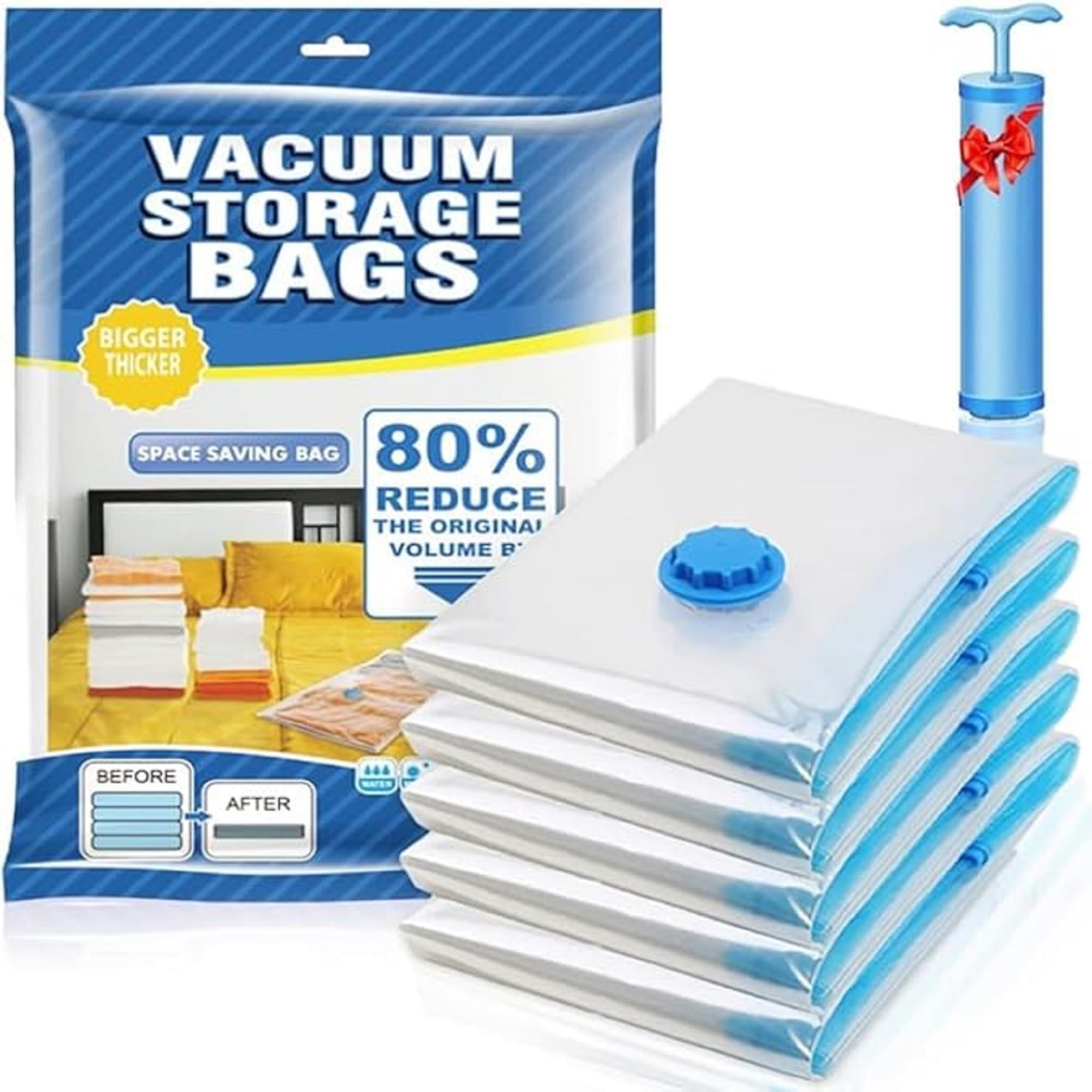 5Pcs Vacuum Storage Bags With Air Valve And Zip Seal, Transparent Plastic Bags With Hand Pump