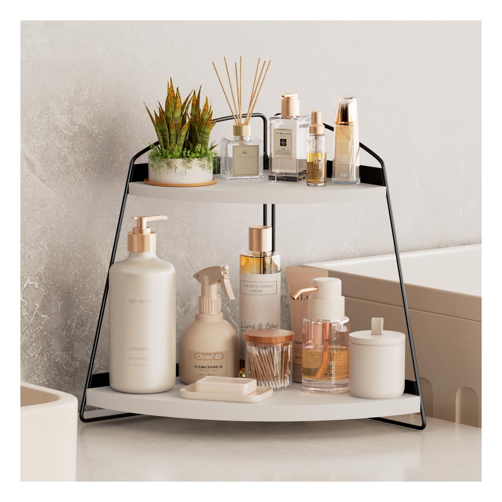 Puricon Corner Bathroom Counter Organizer, 2-Tier Wood Countertop Bathroom Sink Corner Shelf, Vanity Corner Counter Rack For Bat