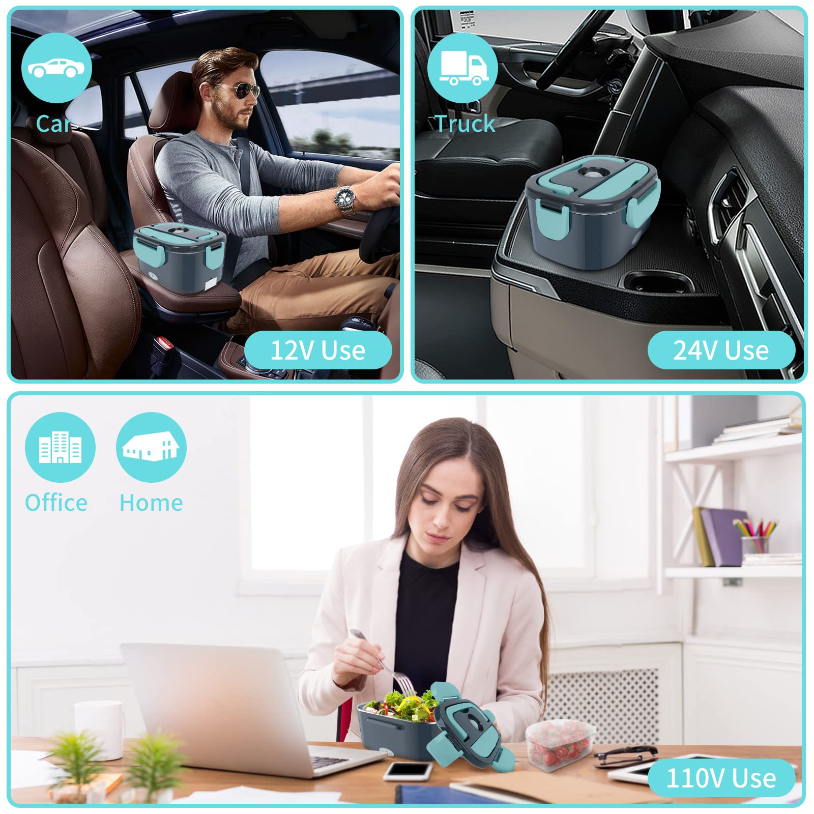 Charmdoo Electric Lunch Box, Food Warmer Heater 12V 24V 110V, 80W Faster Heated Lunch Box For Car/Truck/Home Portable Heating Bo