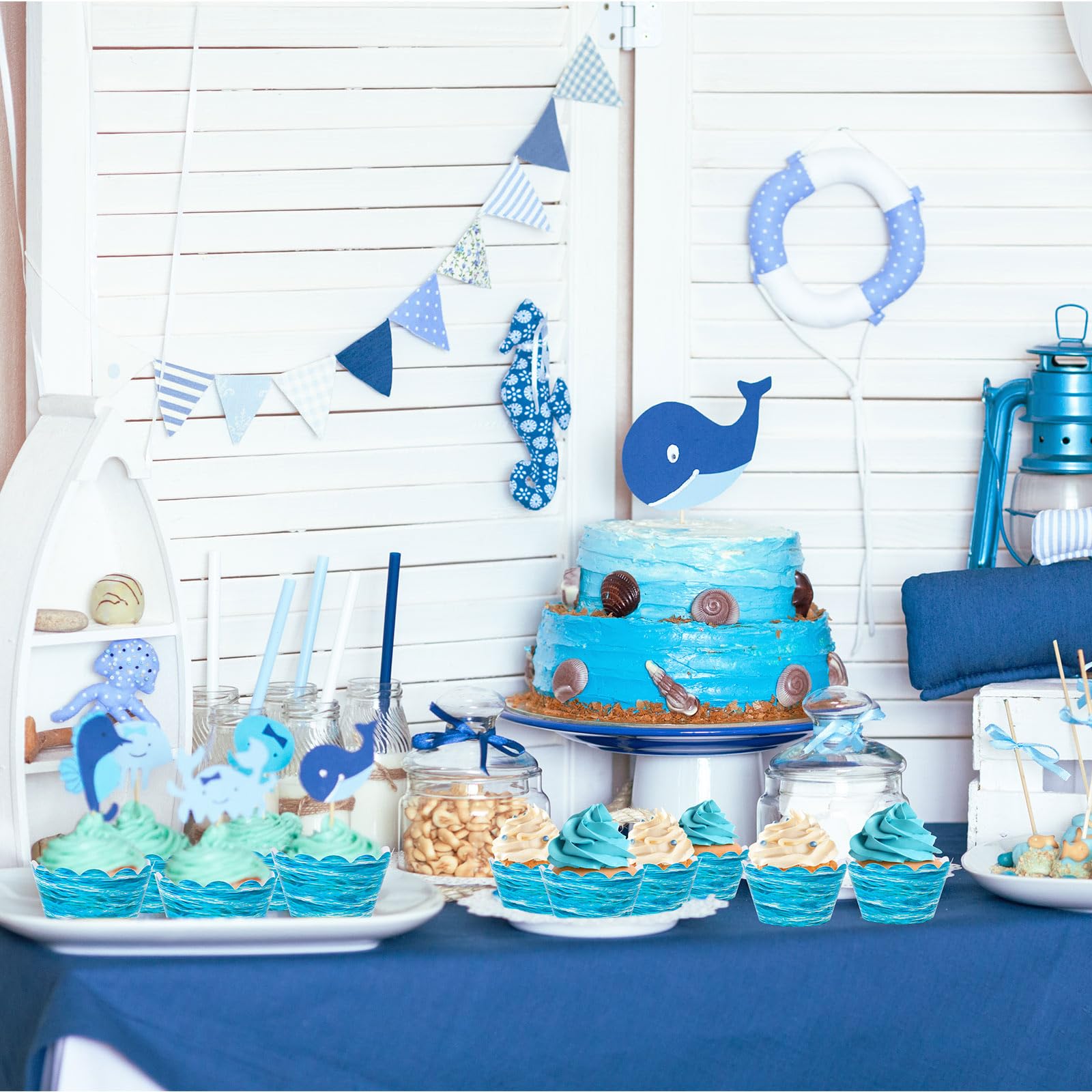 Whaline 48Pcs Ocean Wave Cupcake Wrappers Blue Sea Waves Cupcake Liners Summer Ocean Paper Baking Cup Cupcake Holders For Birthd