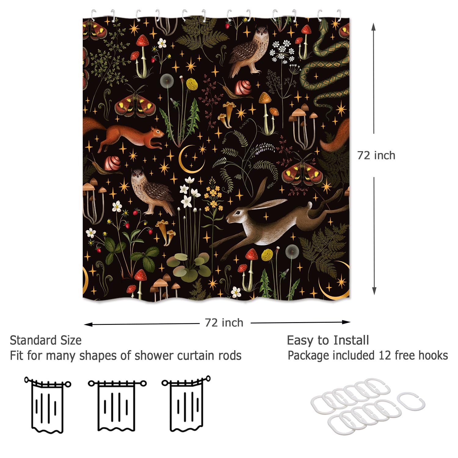 Fairy Rustic Forest Shower Curtain, Boho Cute Funny Gothic Vintage Mushrooms Woodland Wild Animals Butterfly Shower Curtain For