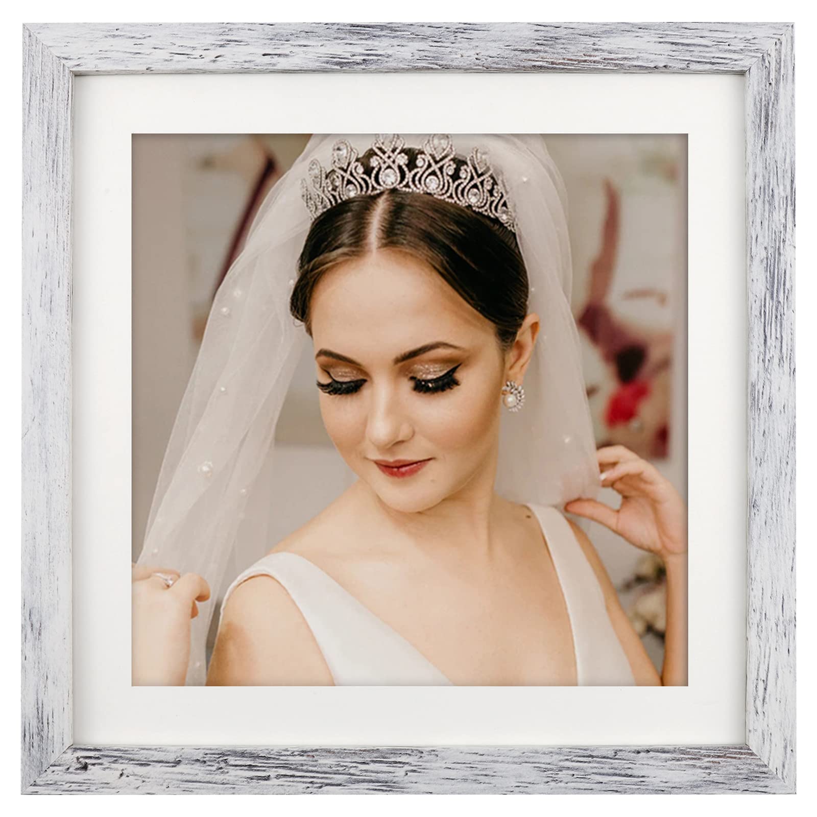 ORIVAN 10x10 Picture Frame Wood Display Picture 8x8 with Mat or 10x10 without Mat Distressed White Square Photo Frame for Wall a