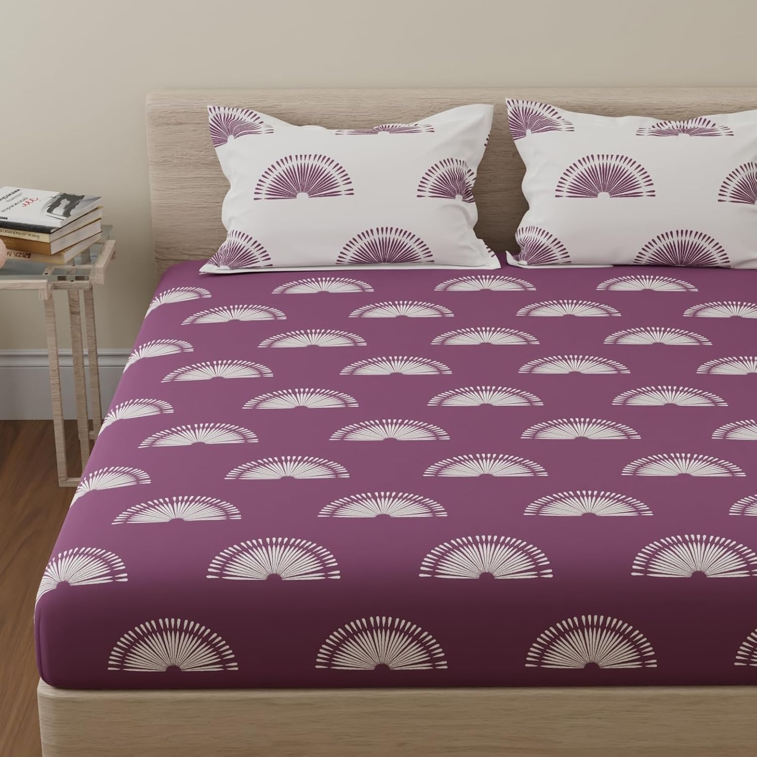 Huesland by Ahmedabad Cotton 144 TC Cotton Fitted Elastic Bed Sheets for King Bed with 2 Pillow Covers | Sunrise | Grape Purple 