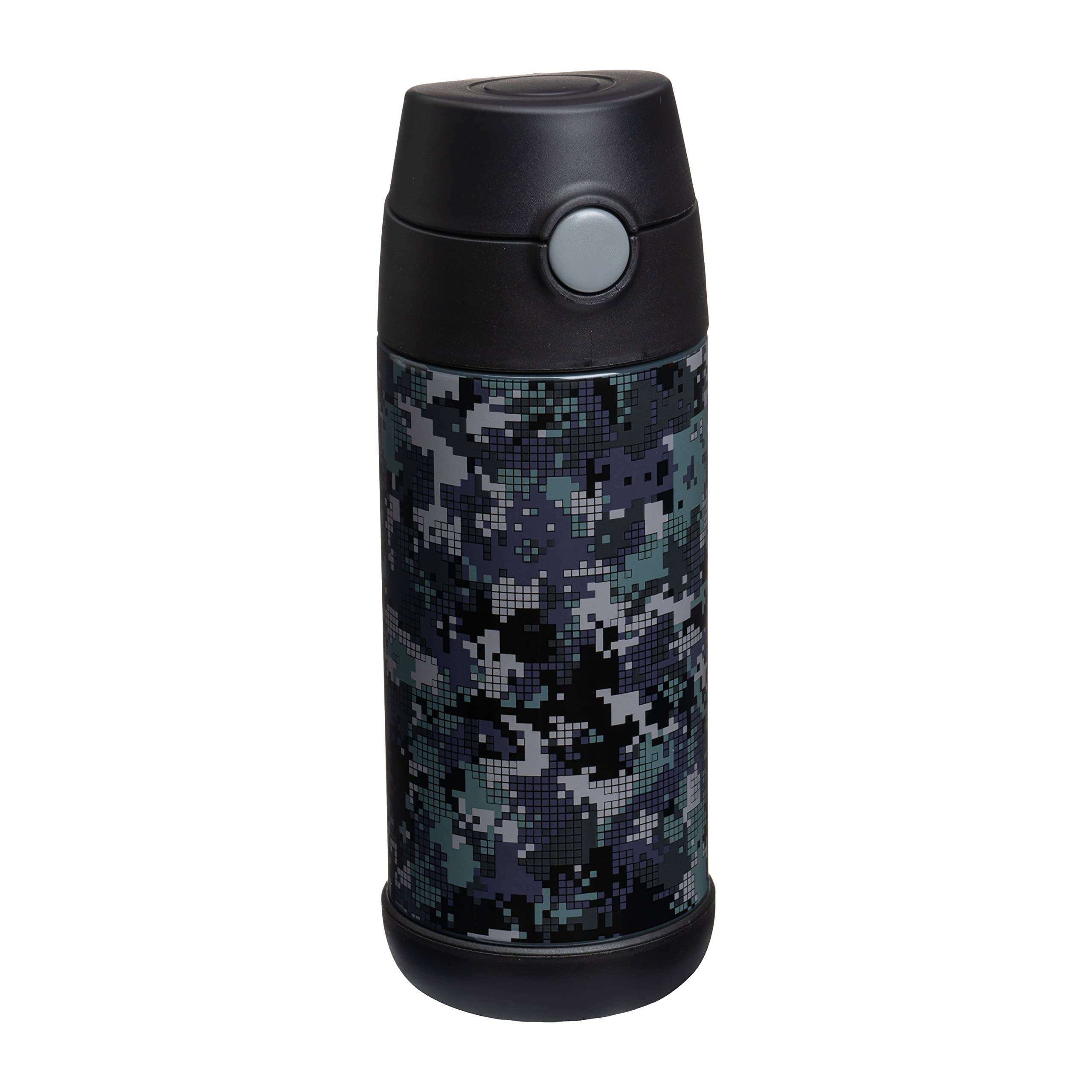 Snug Kids Water Bottle - Insulated Stainless Steel Thermos With Straw (Girlsboys) - Black Digi Camo, 12Oz